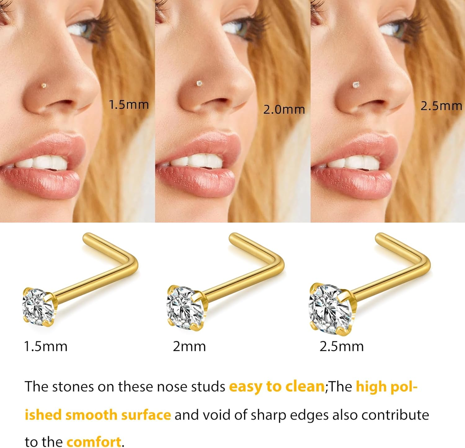 D.Bella 16G 18G 20G 22G L Shaped Nose Studs Surgical Steel 1.5Mm 2Mm 2.5Mm 3Mm Clear Colorful Diamond CZ Nose Rings Studs Nose Rings for Women Nose Nostril Piercing Jewerly Silver Gold Rose Gold Black image number 3