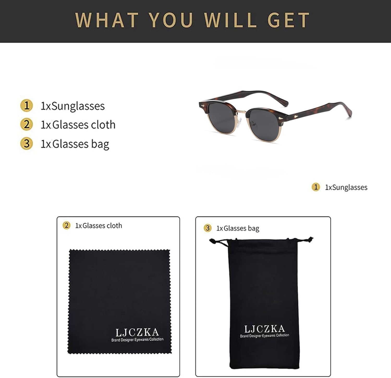 LJCZKA Polarized round Sunglasses for Men Women Retro Small Circle Semi Rimless Sun Glasses Classic Shades UV400 Protection - Black Gold Grey image number 3