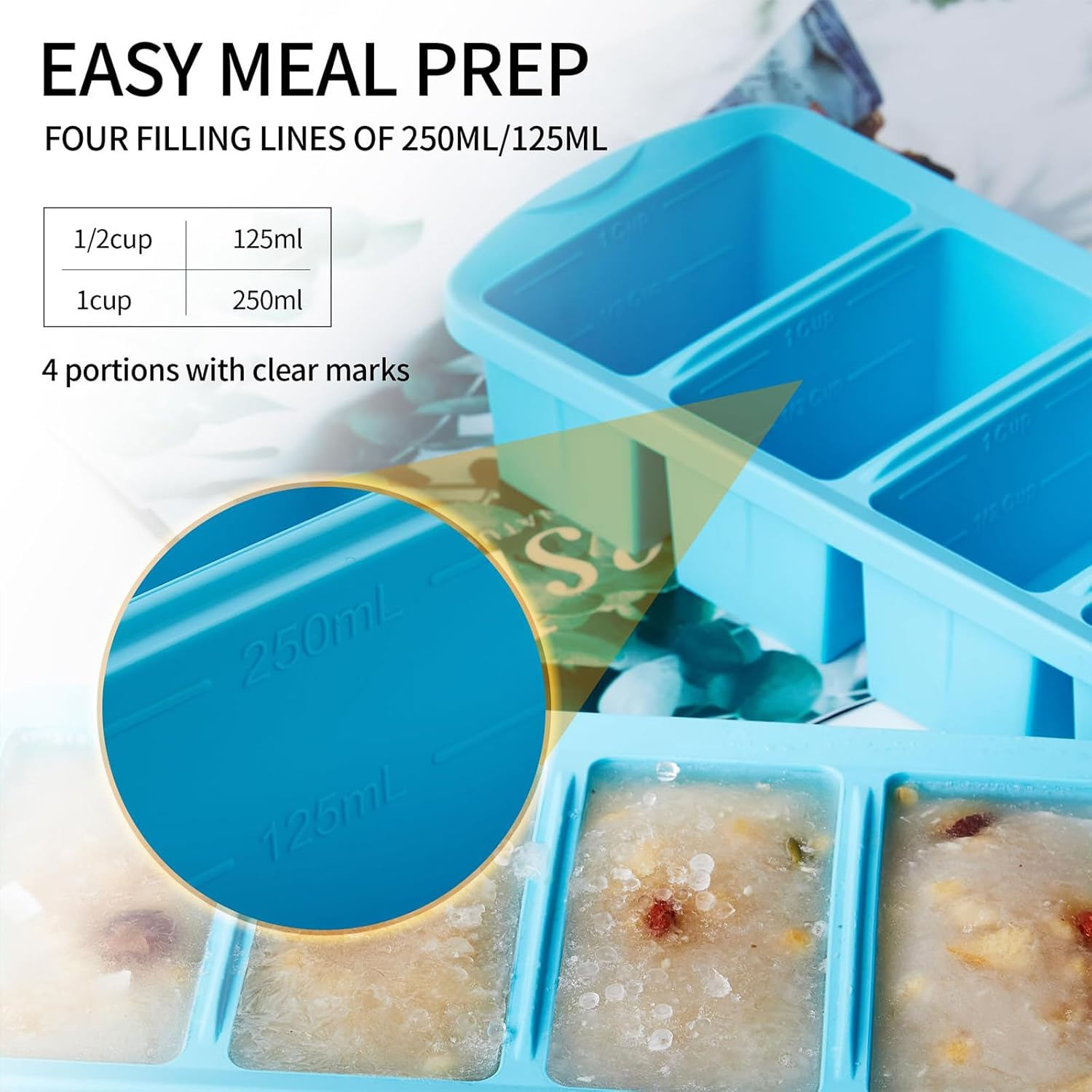 2 Pack Silicone Freezer Tray with Lid, Soup Freezer Container Molds, Large Ice Cube Tray - Makes 8 Perfect 250Ml Portions Cubes for Freezing Soup, Stews & Sauces, Oven&Dishwasher-Safe image number 4