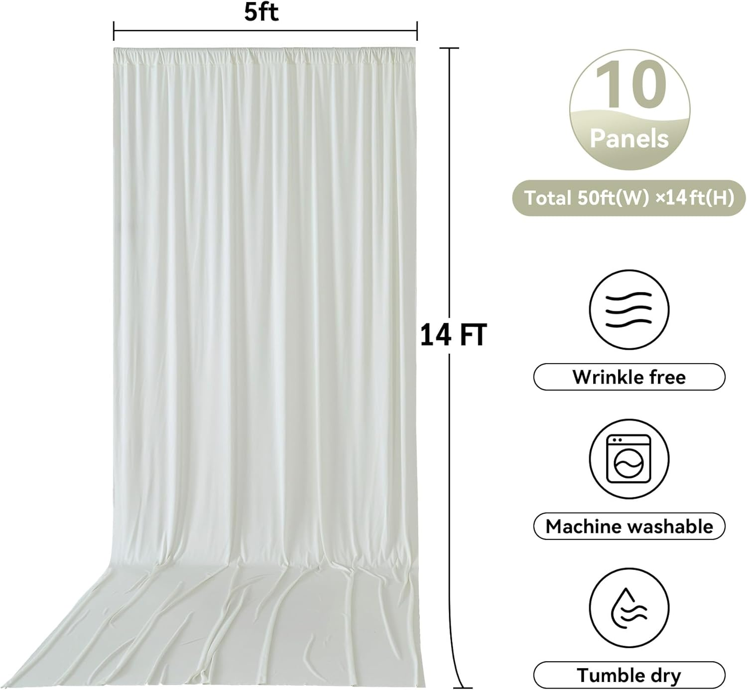 50X14Ft Ivory Backdrop Curtains for Parties, Wrinkle Free Polyester Ivory Photo Backdrop Drapes 10 Panels 14 Ft Long Back Drop Cloth for Wedding Birthday Photography Background Party