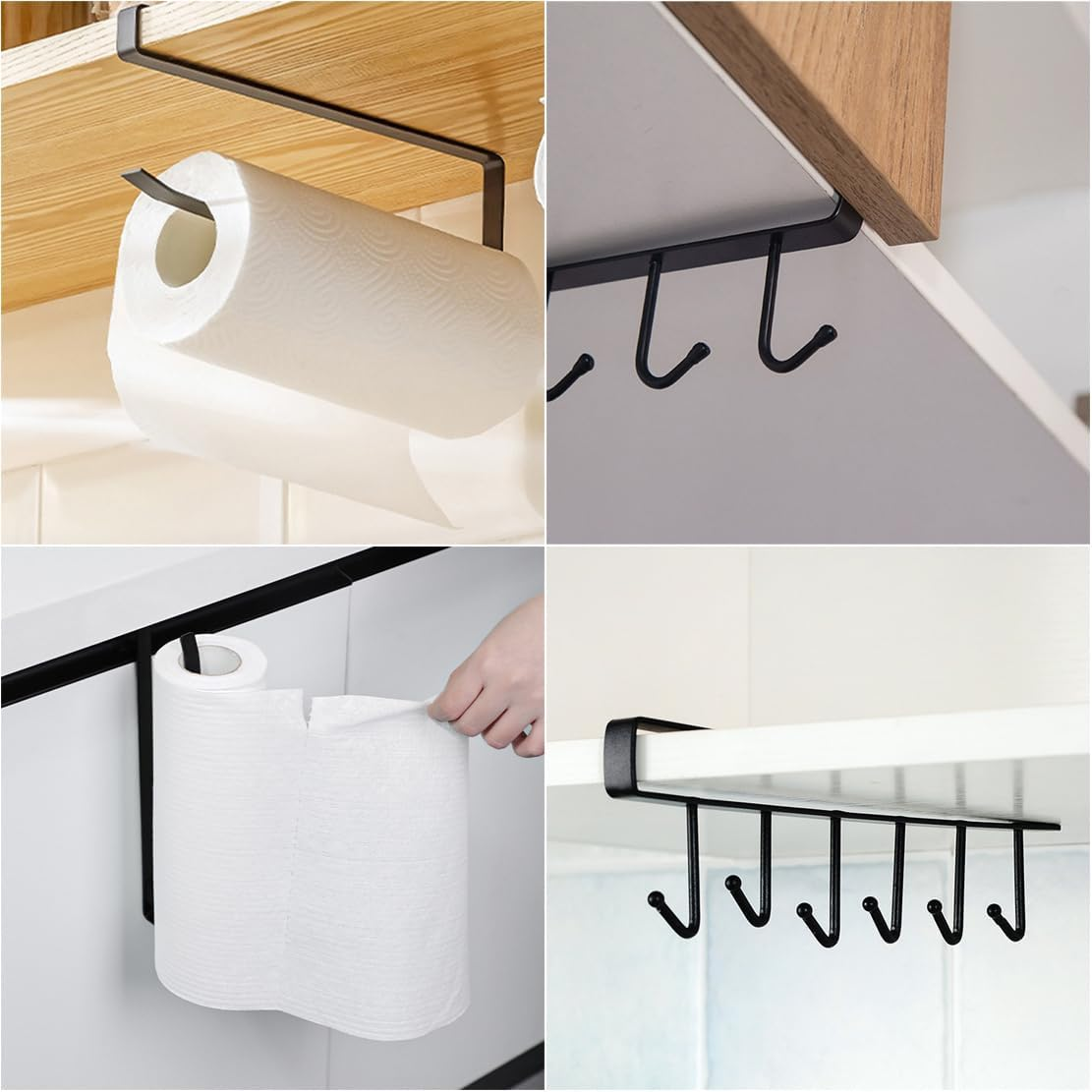 2 Pack under Shelf Organizers, Kitchen Roll Paper Towel Holder Mug Storage Hooks, Home Organization Accessories for Hanging Rolls, Towels, Coffee Cups, Cooking Utensils, Metal (Black) image number 3