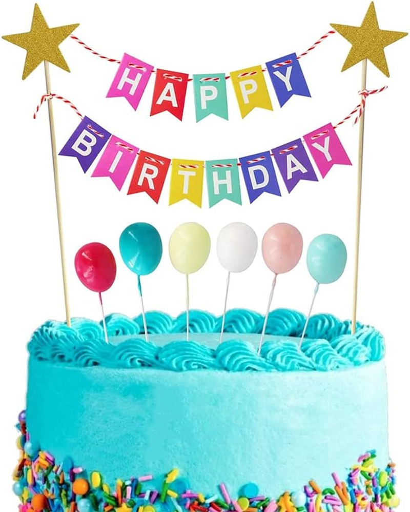 Xihuimay 15Pcs Cake Topper Set: Happy Birthday Banner, Rainbow, Cloud, Star & Balloon Picks for Boys & Girls Birthday Party Decoration