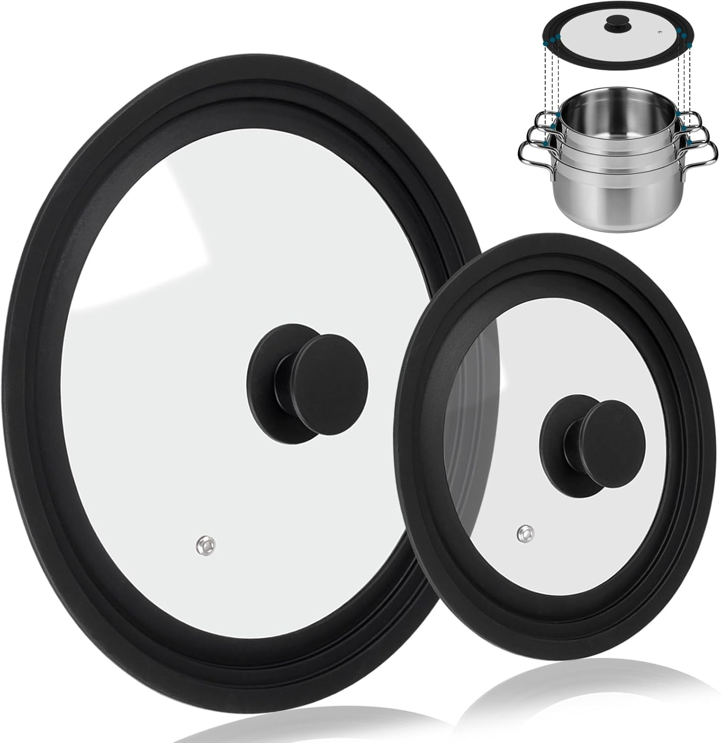 Universal Lid for Pots Pans and Skillets, 2 Pack Pan Cover Fit 7", 8" 9" & 10", 11", 12" Diameter Cookware, Silicone Replacement Pan Lid Pot Lids for Frying Pans, Cast Iron,Tempered Glass Lid