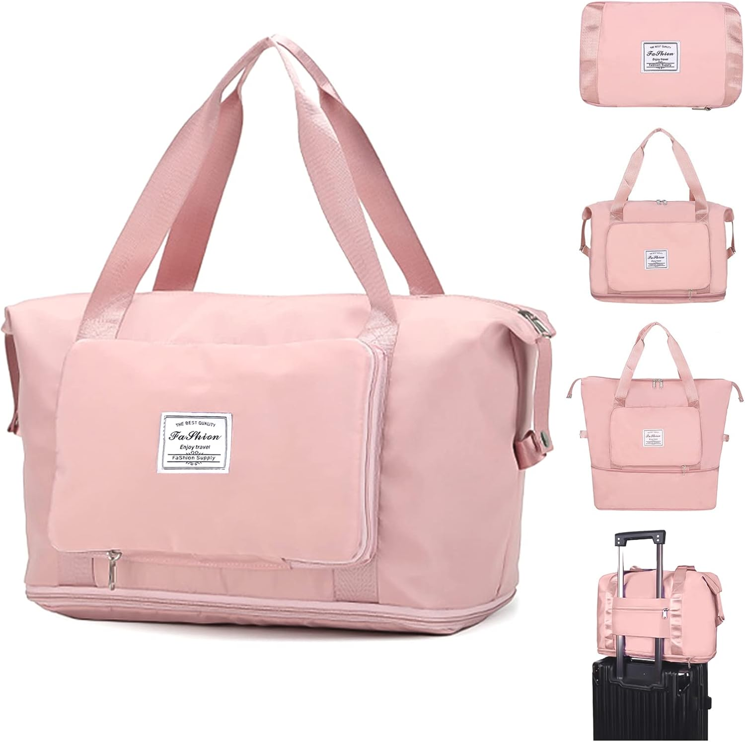 Large Capacity Folding Travel Tote Bag, Oxford Fabric Waterproof Lightweight Foldable Travel Duffel Bag, Portable Expandable Travel Bag, Dry and Wet Separation Carry on Bag for Airplanes, Black,