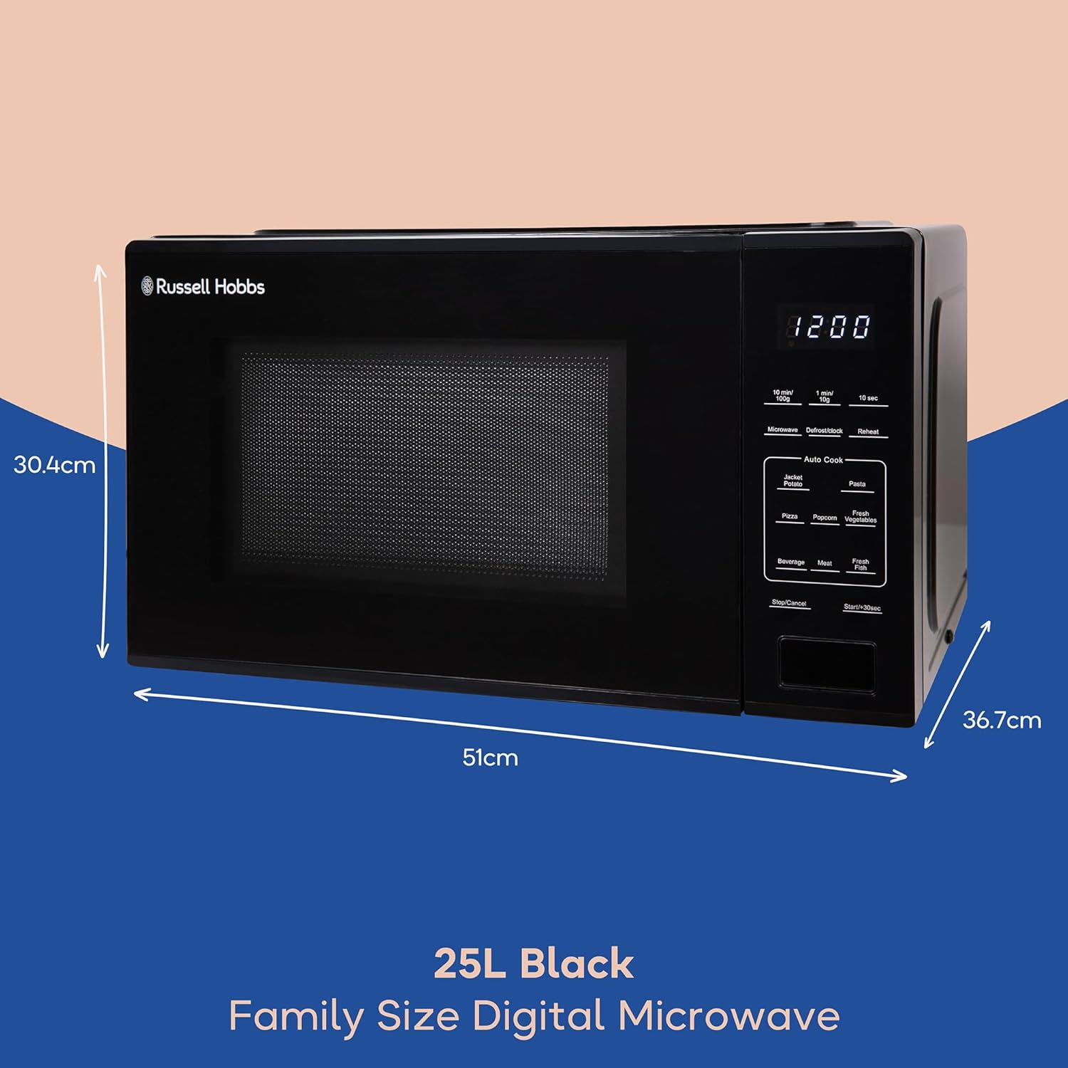 Russell Hobbs Family Size 25L Digital Microwave, RHMT2516B, 8 Auto Cook Menus, Touch Control Panel, 10 Power Levels, Black image number 4