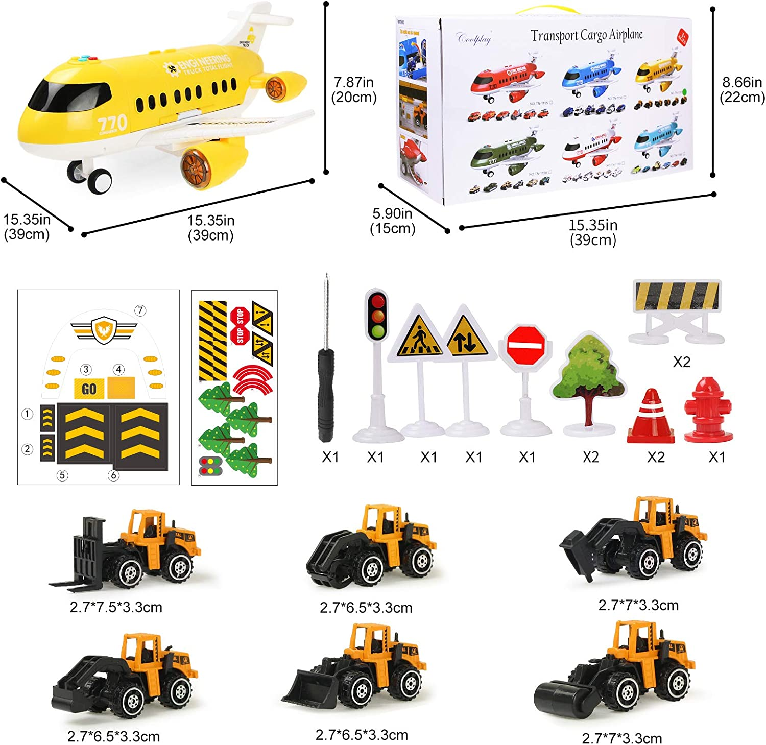 Coolplay Carrier Toy Plane Mini Construction Vehicles Set for Kids Gift Little Car Toy with Road Signs for Boys and Girls image number 2