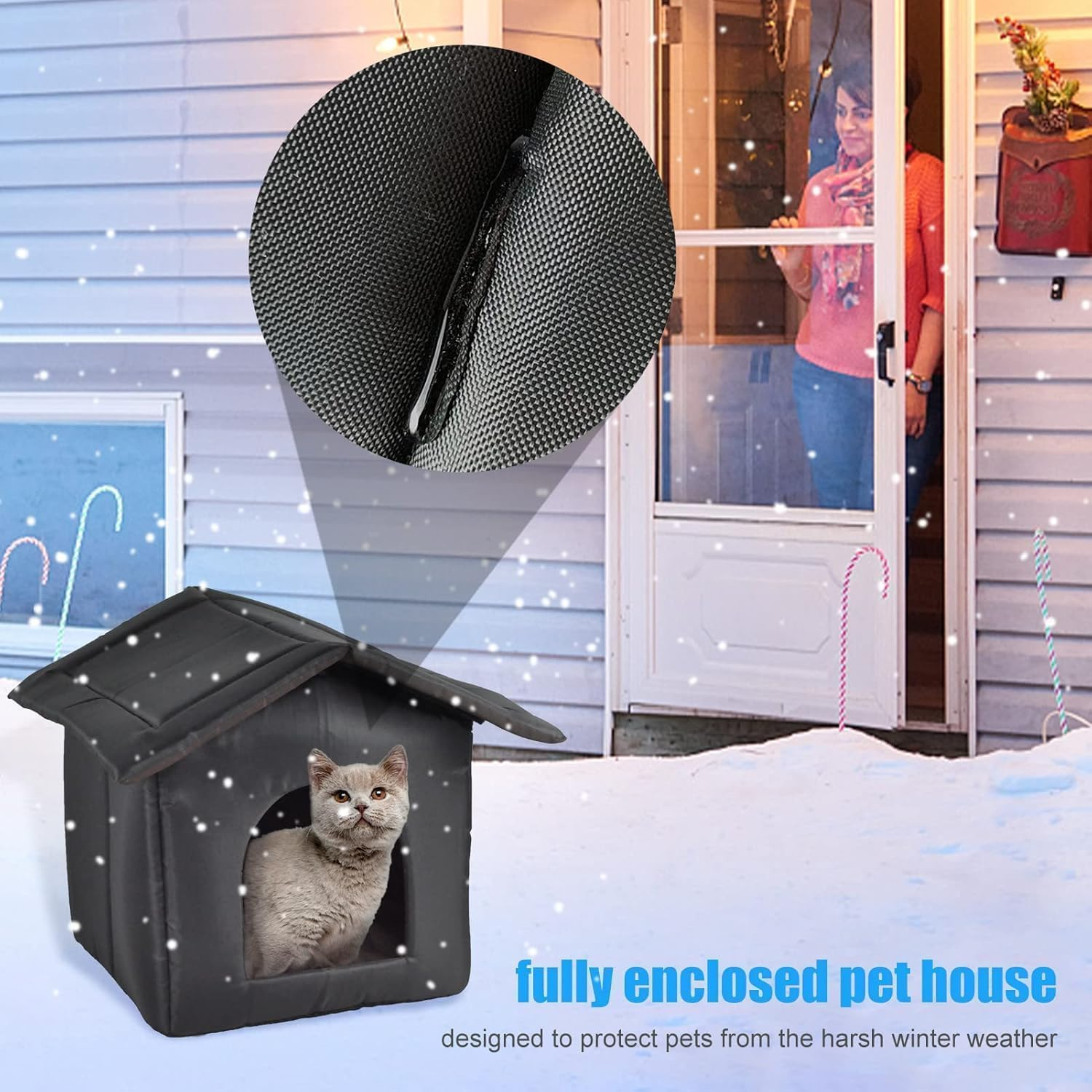 CARRORABI Outdoor Cat House Warm Cat Bed Cave, Waterproof Oxford Cloth Pet Shelters Enclosed Cat Houses for Outdoor Cats, Non-Slip Bottom Detachable Pet Accessories (L) image number 2