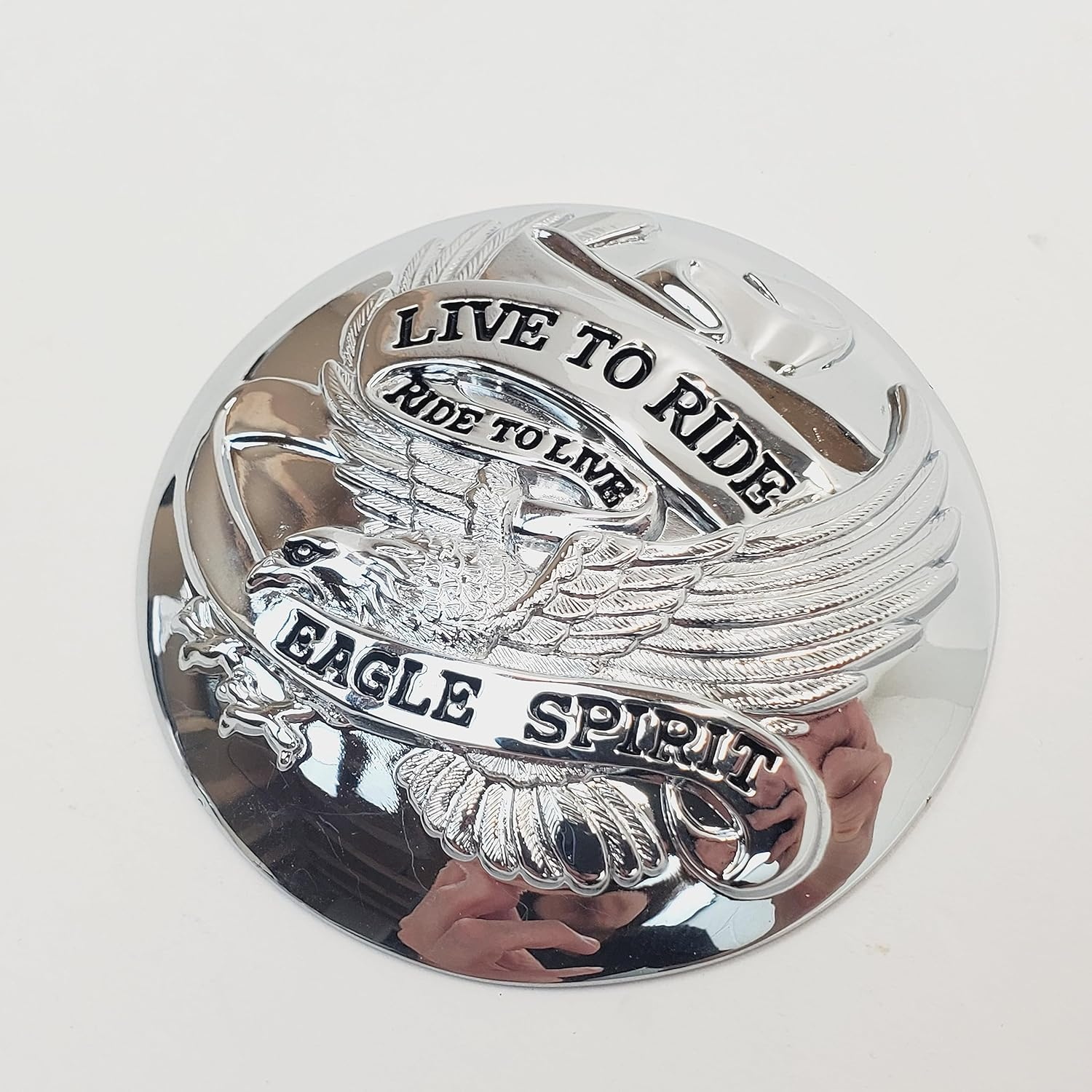 &ldquo;Live to Ride, Ride to Live&rdquo; Eagle Spirit Chrome Domed Gas Cap Covers with Adhesive Backing for 1973-2023 OE Style Harley Gas Caps (SOLD as a PAIR - Left & Right) 2-7/8&rdquo; Diameter image number 6