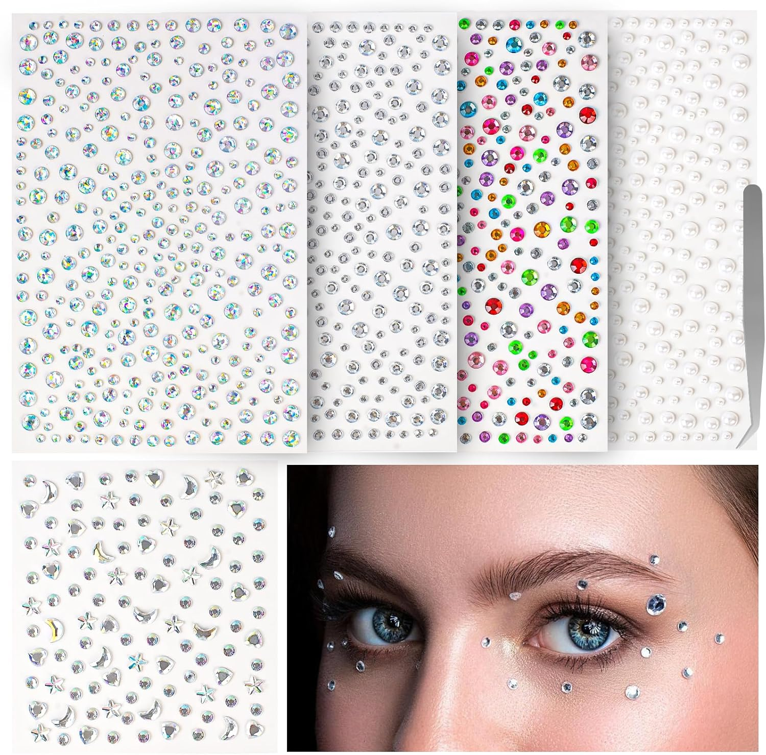 1465P Face Gems, 5 Different Types Self-Adhesive Hair Gems, Face Gems Stick for Eyes, Body, Hair, Makeup, Festival Decorations, DIY Crafts image number 4