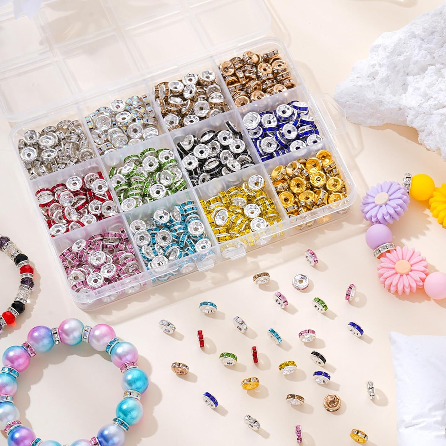 600Pcs Spacer Beads for Jewelry Making, 8Mm Rhinestone Spacer Beads Crystal Bead Spacers for Bracelets, for Bracelet Necklace Jewelry Making DIY （12 Colors） image number 5