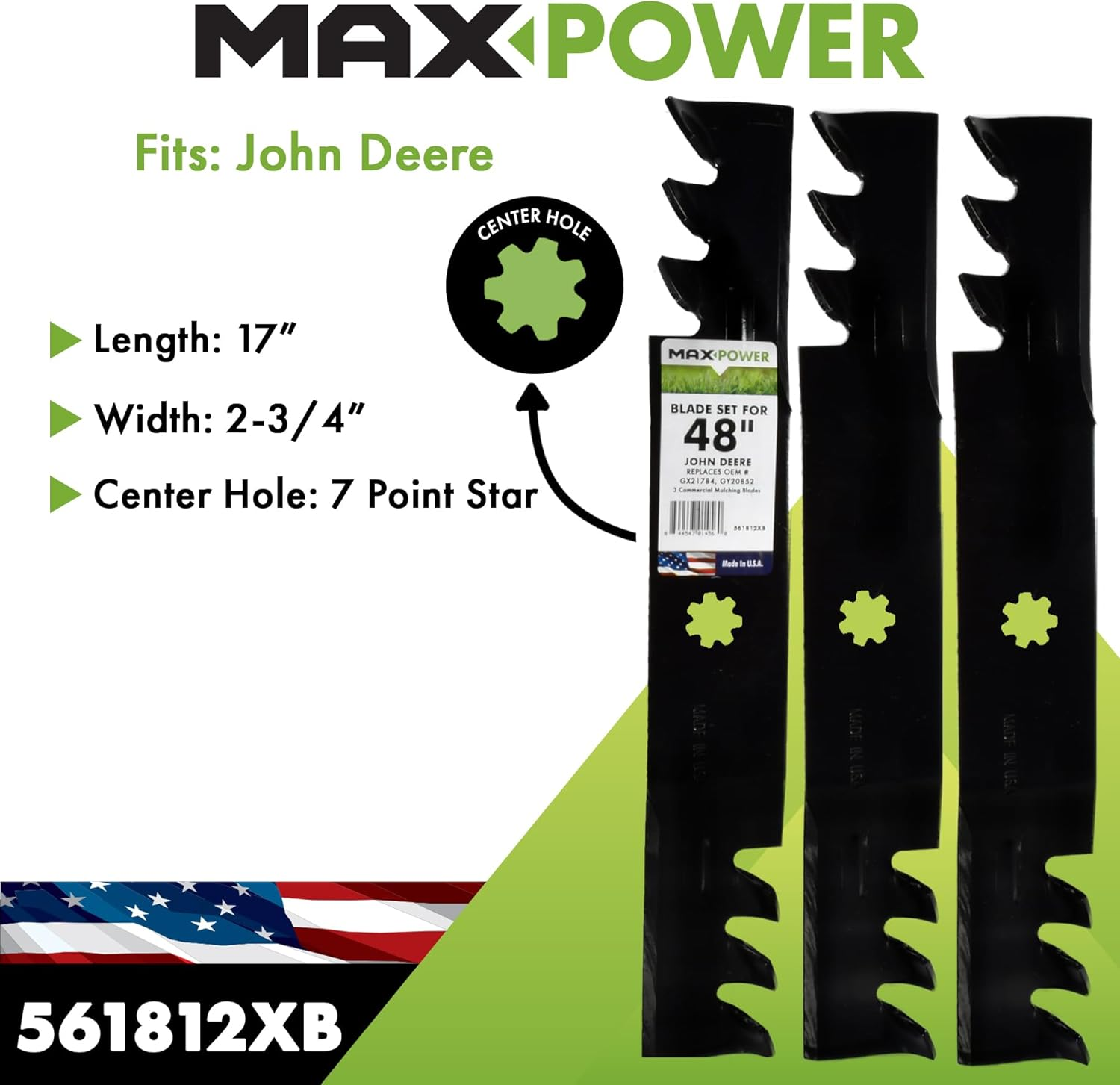 Maxpower 561812XB Set of 3, 3-N-1 Commercial Mulching Blades for 48 In. Cut John Deere Mowers, Replaces OEM No. GX21784, GX21786, Black image number 6