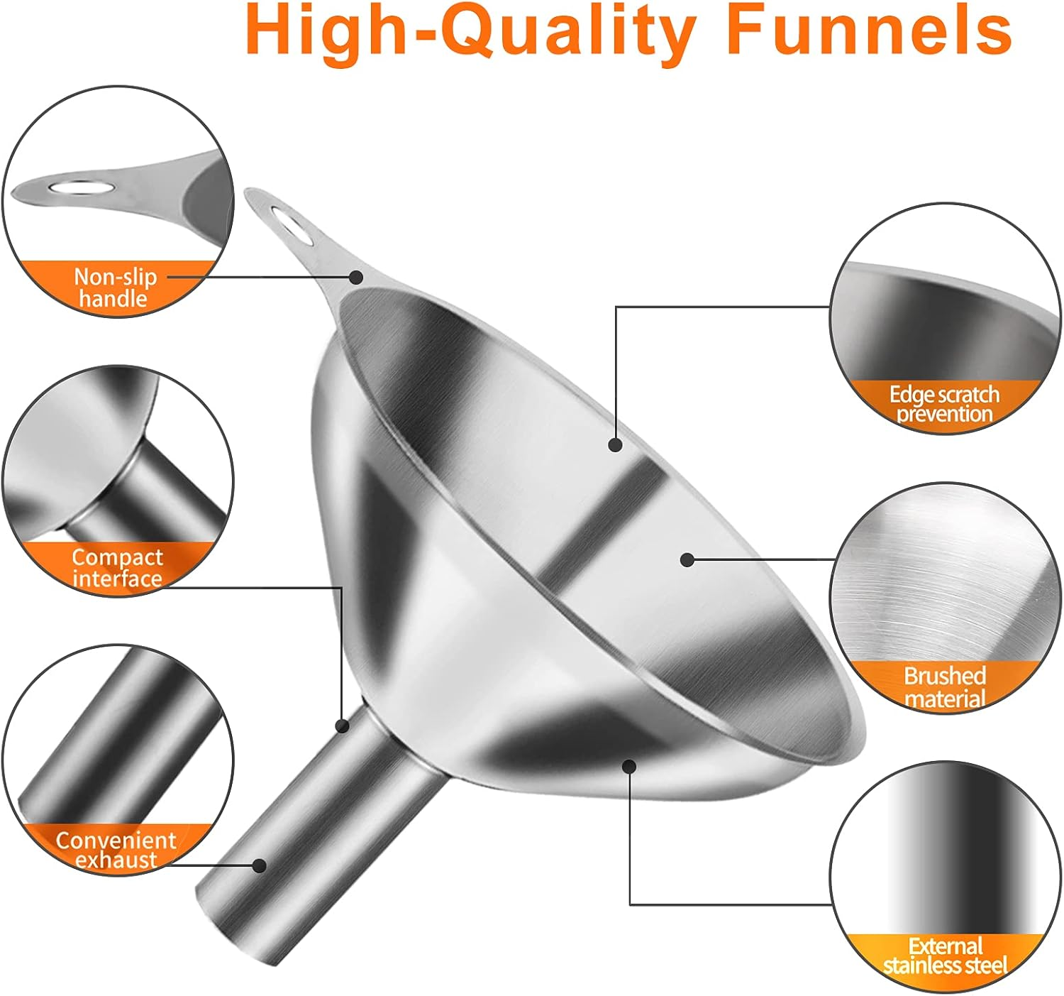 VOPTON 6 Pcs Stainless Steel Mini Funnels for Kitchen Use. Large Tiny Small Funnel Set of 3, Metal Cooking Powder Food Grade Flask Funnels for Filling Bottles Liquor Water Spice, 2Pcs Cleaning Brushes image number 5