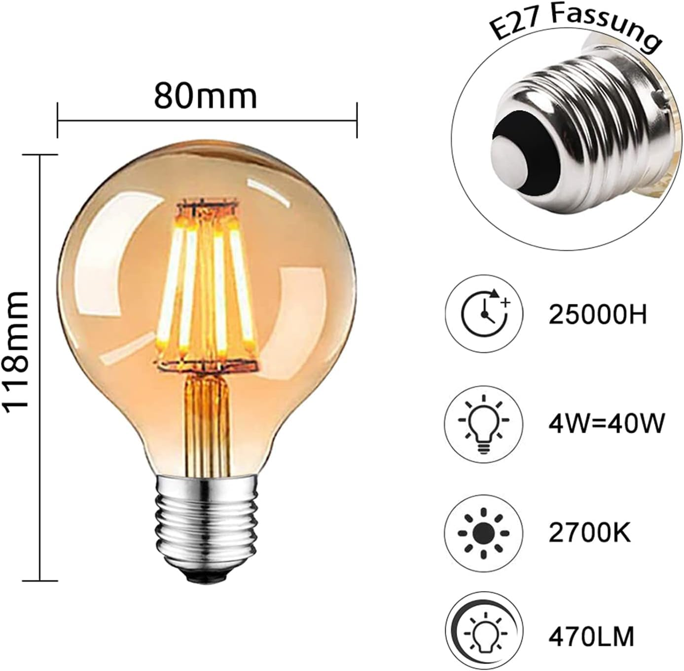 Edison Vintage Light Bulb, Edison LED Lamp Warm White E27 4W 2700K Retro Light Bulb Vintage Antique Light Bulb 470 Lumen Ideal for Nostalgia and Retro Lighting in Family Hotel Bar Etc. Pack of 6