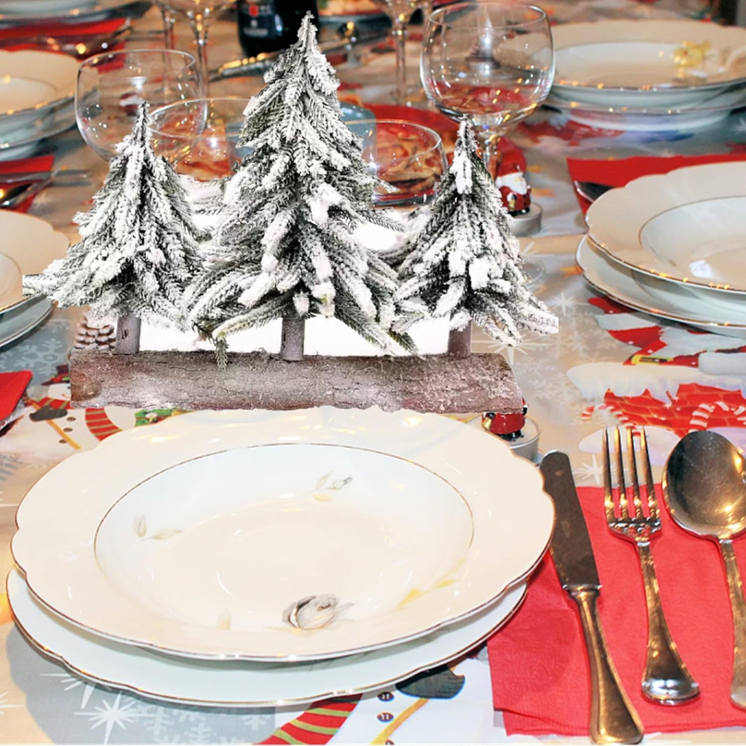 Alfyng Mini Tabletop Christmas Tree, 3 Pcs Connected Artificial Snow Frost Flocked Xmas Tree, 10.6Inch Miniature Pine Desktop Christmas Xmas Tree with Wooden Base for Dining Table Home Christmas D&eacute;cor image number 3