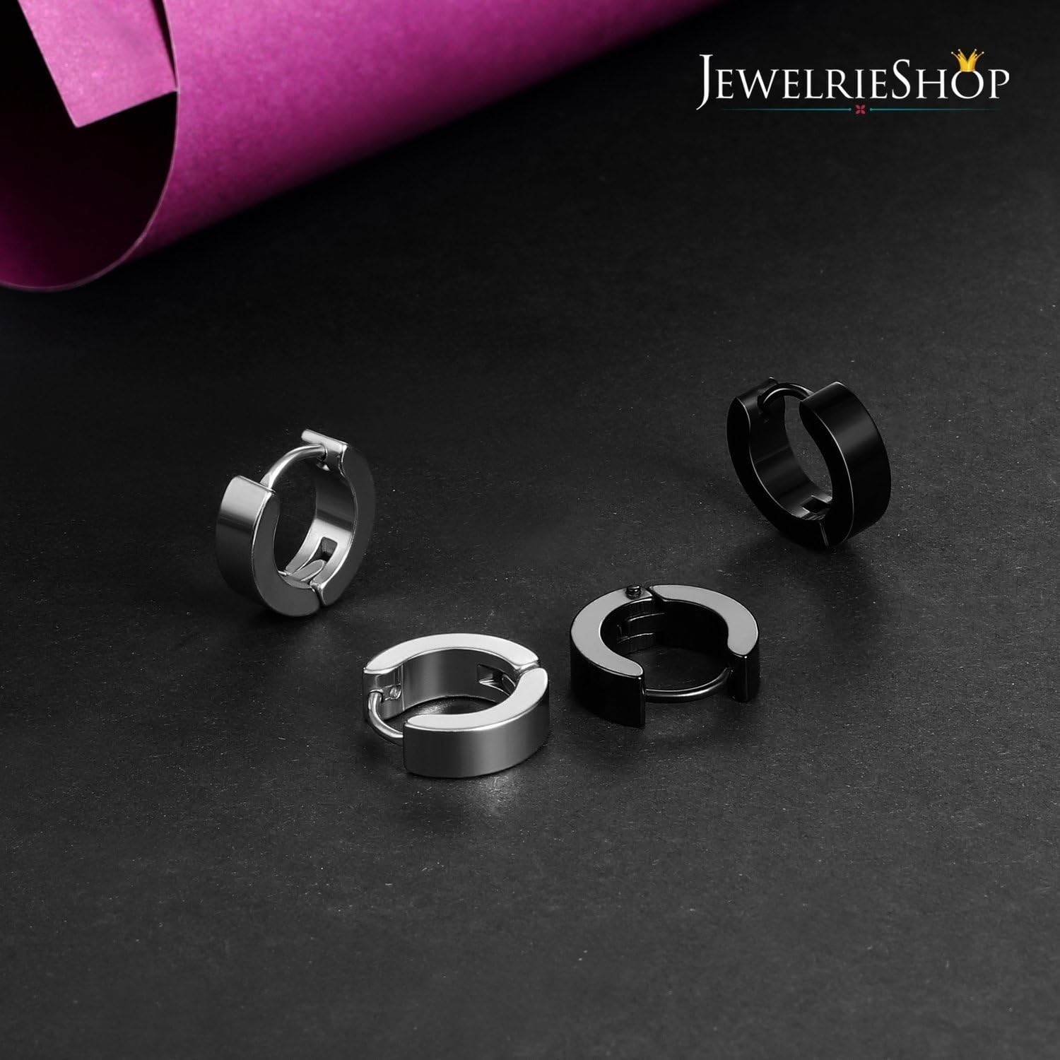 Jewelrieshop Men Jewelry Set Huggie Earrings Hinged Hoop Dangle Earrings, Stainless Steel, Hypoallergenic, Urban Hoop Earrings image number 4