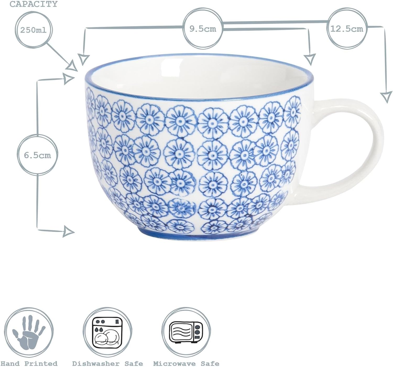 Nicola Spring Cappuccino Cups Set - 250Ml - Pack of 6-3 Coloured Hand Printed Tea Cup Coffee Cappuccino Mugs Latte Drinking Mug Tea Saucer Plates for Breakfast, Lunch, Brunch