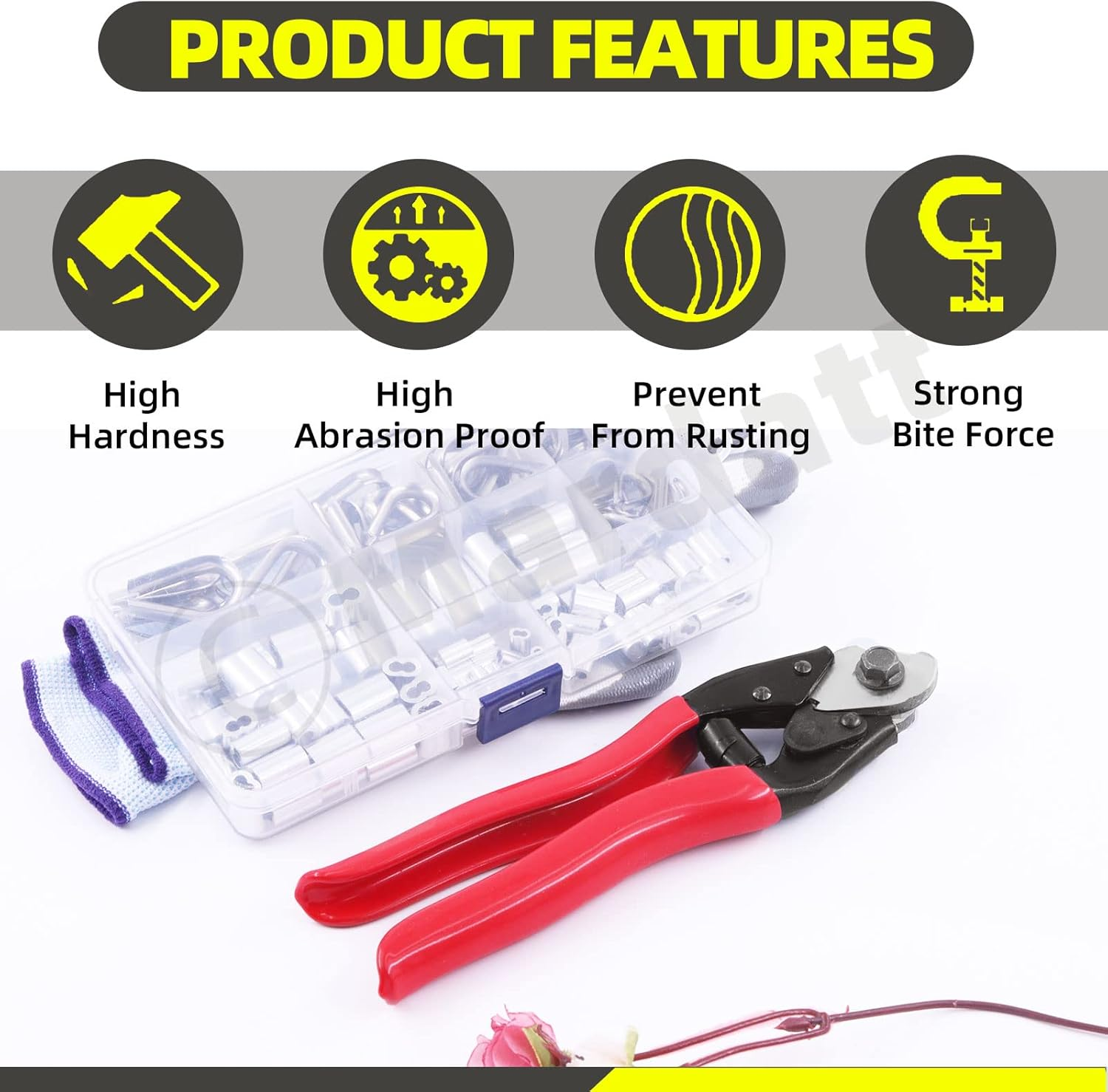 Mardatt 117Pcs Cable Wire Cutter Set Includes 8" Cable Cutter, 5 Sizes Aluminum Crimping Loop Sleeve & Wire Cable Thimbles and Anti-Cutting Gloves image number 5