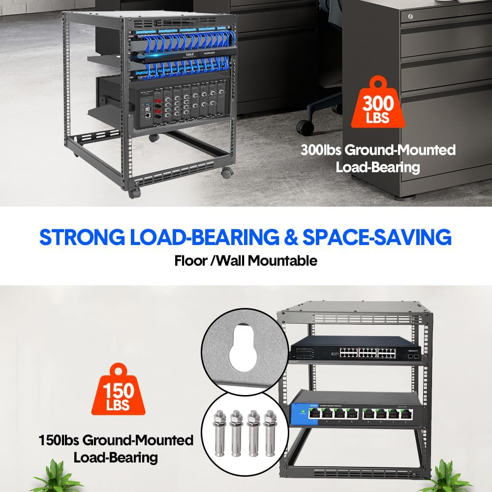 ALSTON 12U Open Frame Server Rack Free Standing or Wall Mountable 4-Post AV Rack Strong Loading Capacity with Lockable Anti-Skip Casters for IT Network AV Gear image number 6