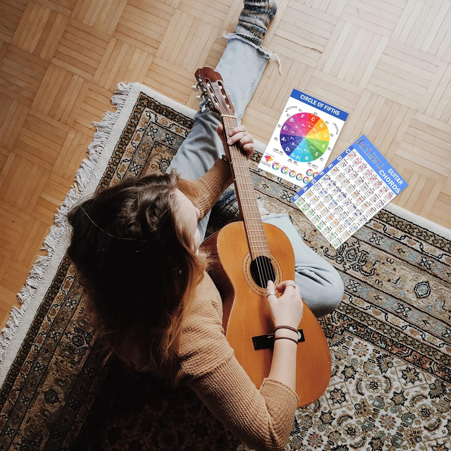 Guitar Chord Poster, 8 X 11 Inch Laminated Guitar Chord Chart Poster Circle of Fifths Chart Large Print Guitar Chord Chart for Beginners Music Theory Guitar Learning image number 4