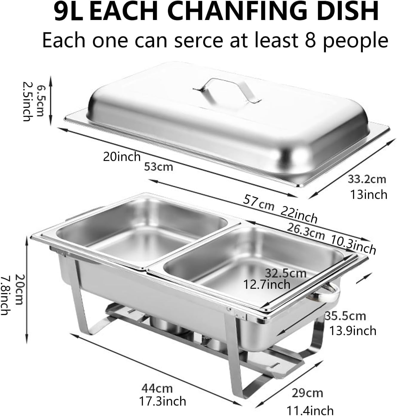 2 Pack Chafing Dish Buffet Set with Covers 9L Chafing Dish Stainless Steel Food Buffet Warmer Pan, Buffet Servers and Warmers for Catering Event Party Banquet (2X4.5L Trays Food Pan) (2PCS 9L) image number 4