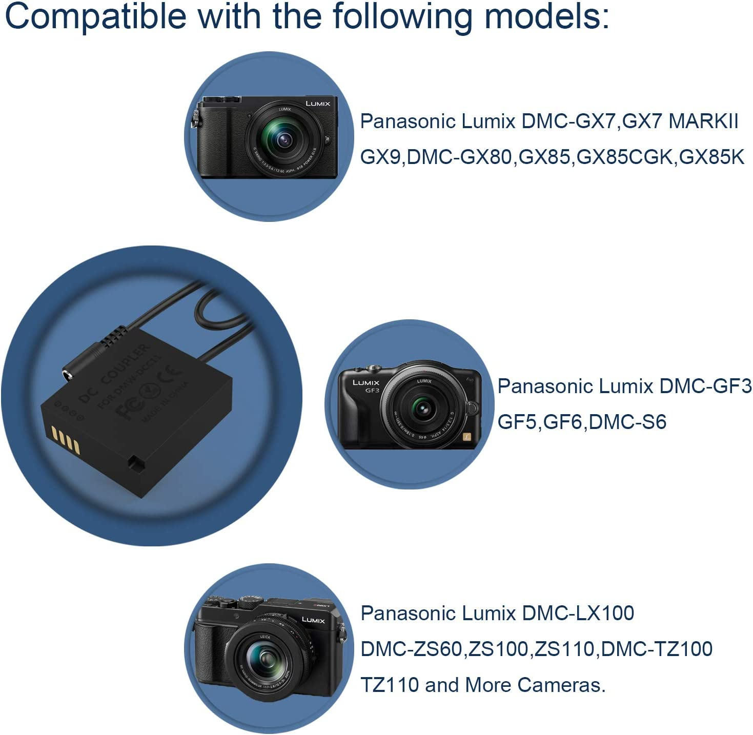 F1TP DMW-DCC11 DMW-AC8 AC Power Supply Adapter Charger DC Coupler Kit (Replacement DMW-BLE9 DMW-BLG10 Battery) for Pa Nasonic Lumix DMC-GF6 GX85 GX7 Mark II GX85K LX100 G100 ZS110 TZ100 image number 5