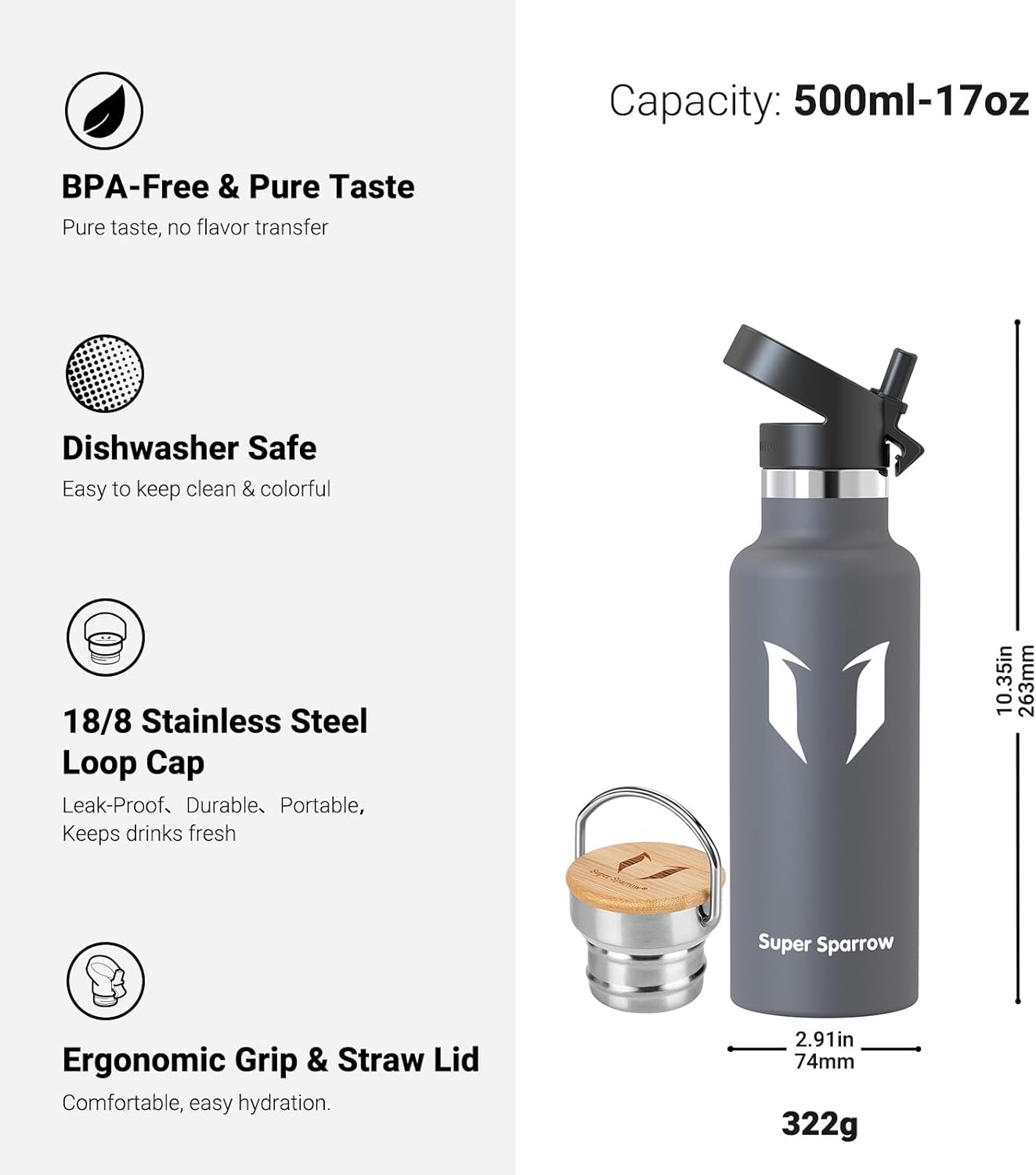Super Sparrow Water Bottle Insulated - 500Ml - Standard Mouth Flask - BPA Free, Leak Proof Drink Bottle - Ergonomic Straw Water Bottles for Work, Gym, Travel, Sports, Outdoor - 2 Lids image number 5