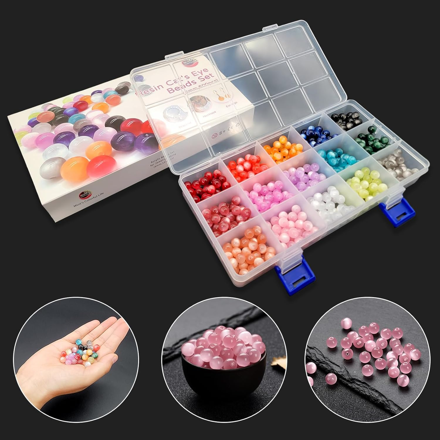 8Mm Cat'S Eye round Beads - Jewelry Making Kit Set of 600Pcs in 15 Vibrant Colors, DIY Bead Craft for Bracelets Necklaces Earring image number 4