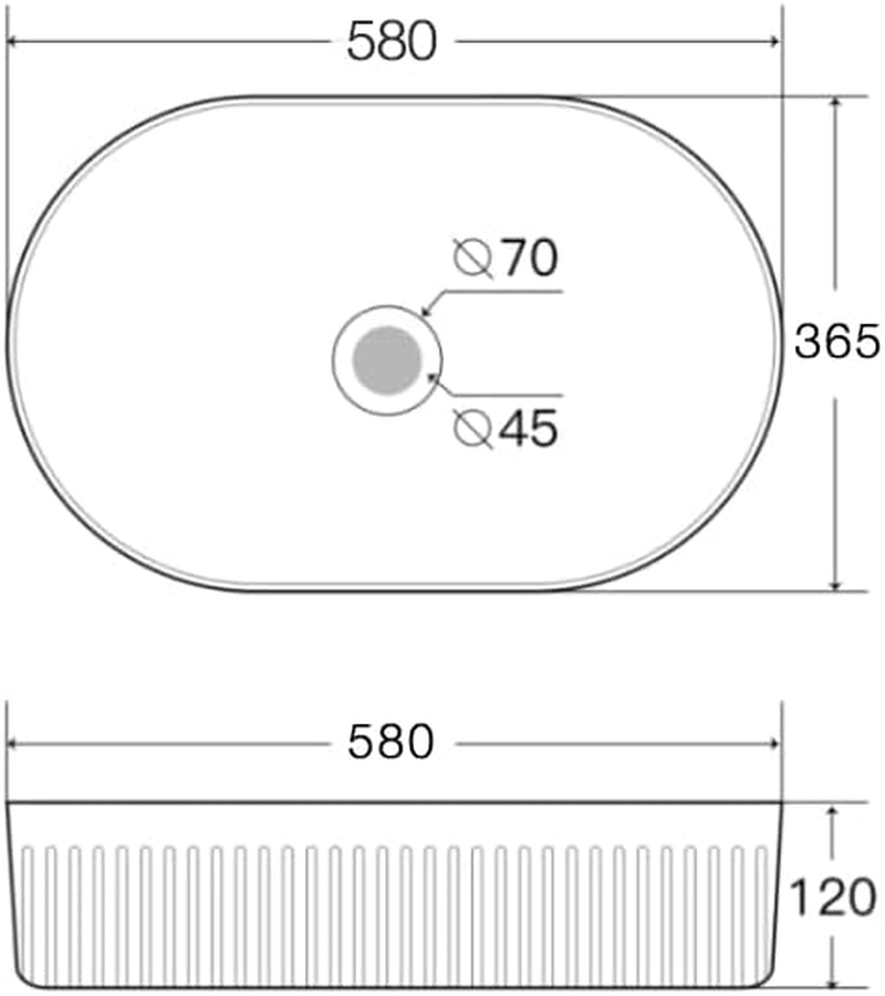 Oval Fluted above Counter Bathroom Basin, 580Mm X 365Mm X 120Mm, Gloss White/Matte White (Matte White) - Gloss White image number 5