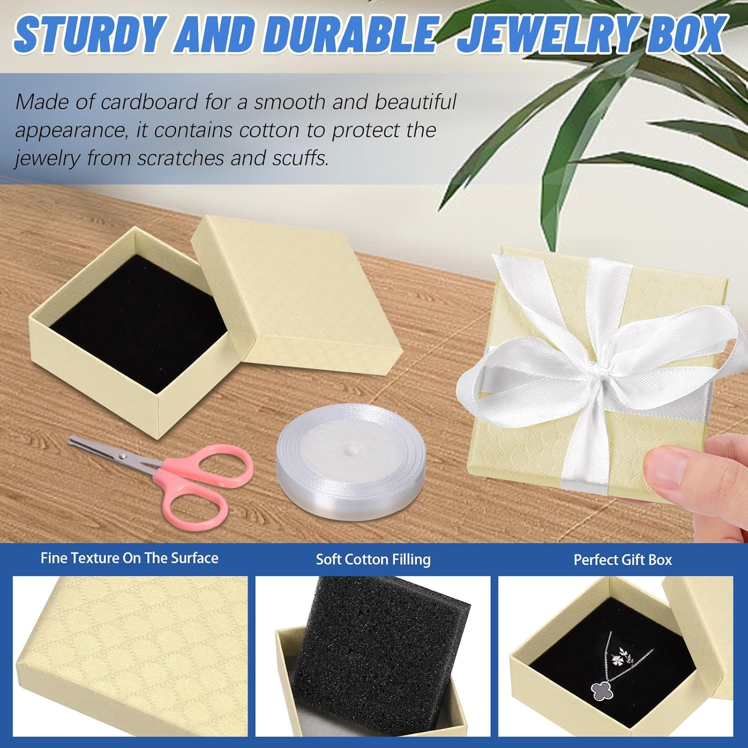 Glarks 17Pcs Champagne Color 2.95 X 2.95In Jewelry Gift Boxes with Pink Scissors and White Polyester Ribbon Set, Diamond Pattern Necklace Earring Bracelet Boxes Gift Case Ideal