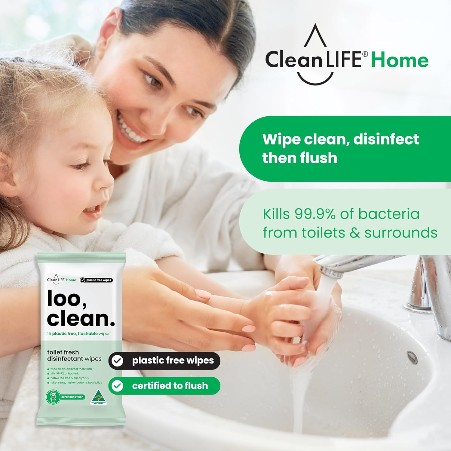 Cleanlife Flushable Toilet Wipes - Biodegradable Bathroom Cleaning Sheets, Travel Disinfectant Surface with Tea Tree & Eucalyptus for Seat, Bowl & Public Loo Hygiene, 15 Wipes image number 1