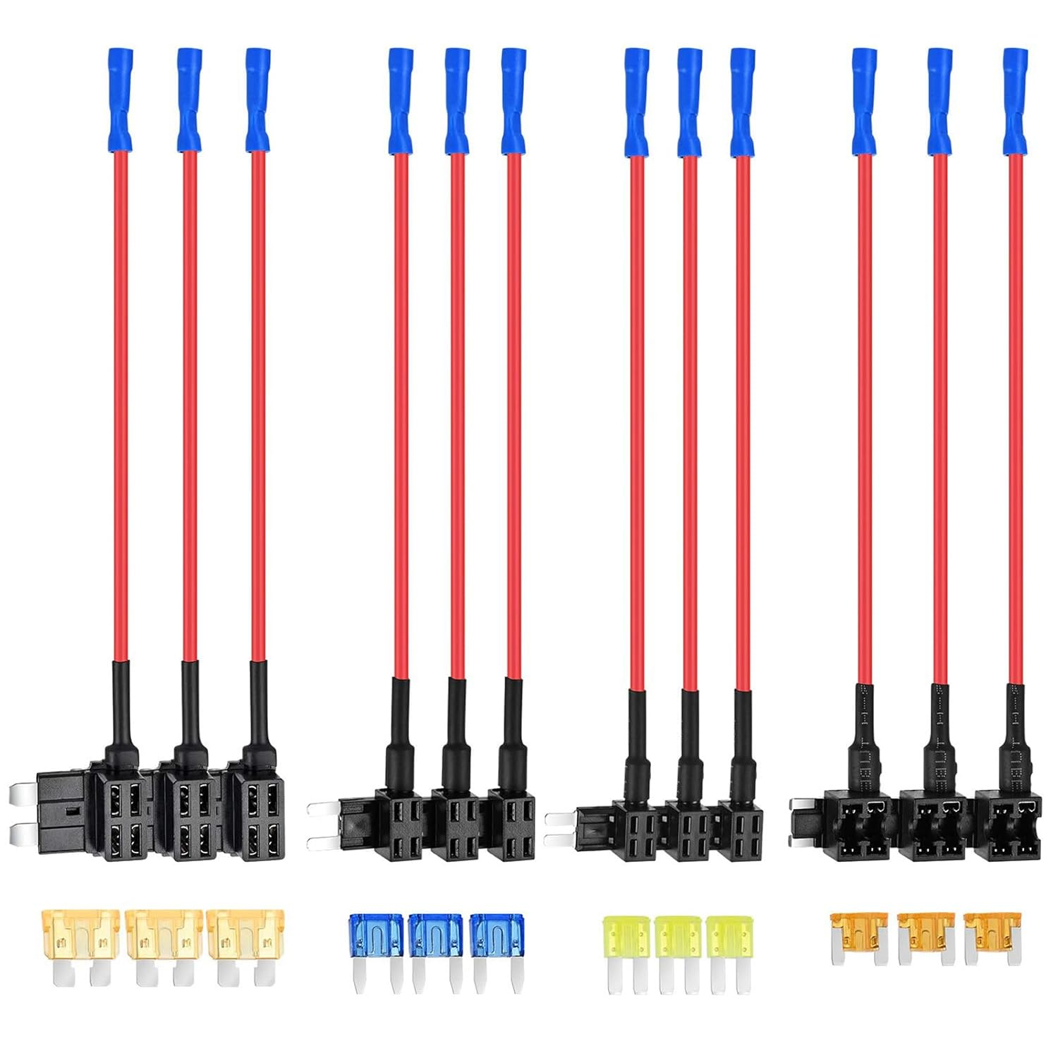 12 Pack 12V Fuse Taps: Add-A-Circuit, Dual-Slot, Easy Install, Compatible with Cars, Trucks, Boats, Includes 3 Standard, 3 Mini, 3 Micro2, 3 Low Profile Mini Taps & 12 Blade Fuses
