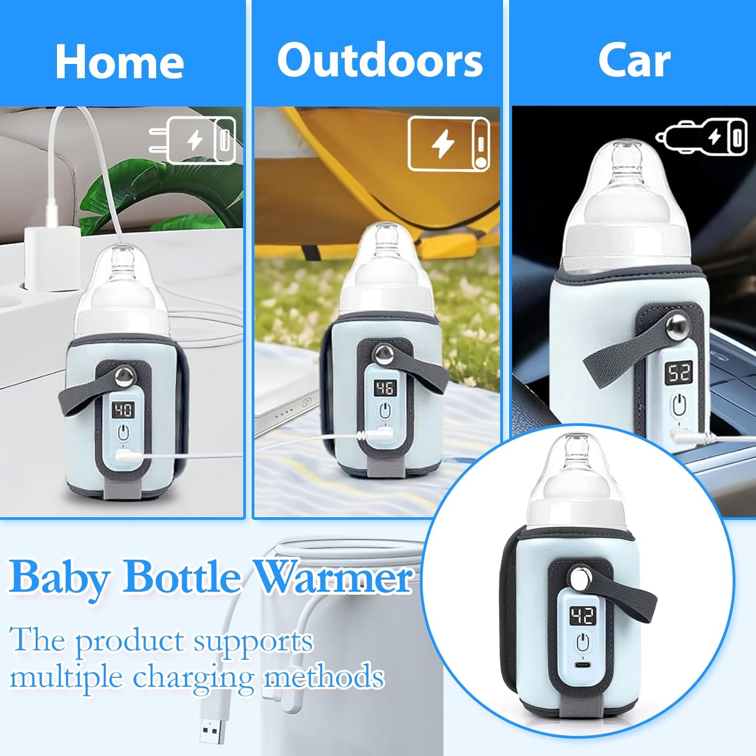 Baby Bottle Warmer, 5-Temperature Baby Milk Heating Keeper, Portable USB Bottle Warmer with LED Display for Rapid Heating & Precise Temperature Control, Suitable for Home & Travel (Blue) image number 1