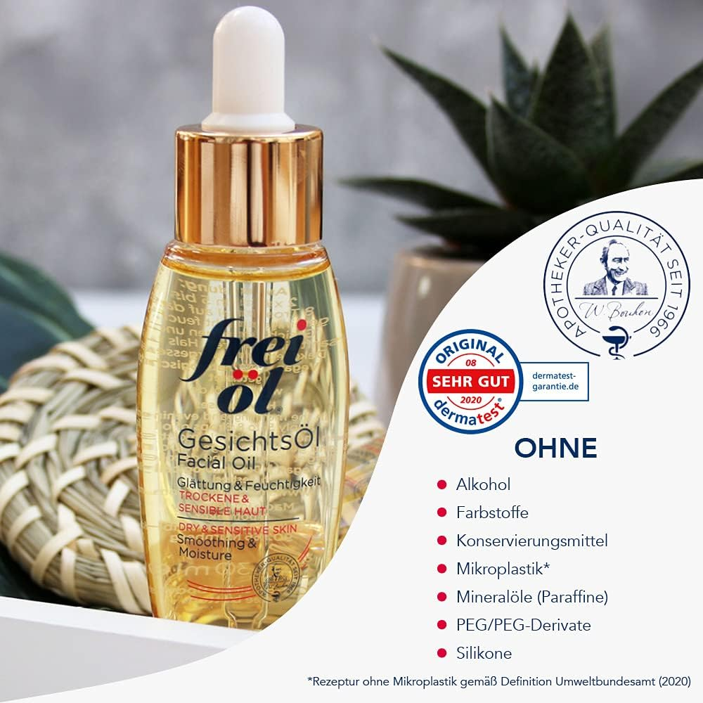 Frei &Ouml;l Facial Oil for Noticeably Smooth Skin Feel with Vitamin E, Omega 6 Fatty Acids, Moisturises, Facial Care, Vegan, 30 Ml