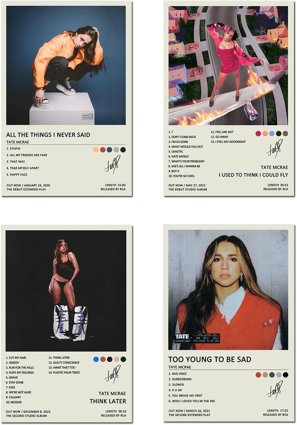 BBDVKQ Tate Mcrae Poster Album Cover Limited Edition Posters (Set of 4) Unframed 8In X 12In(20X30Cm) Canvas Poster Wall Art Decor Print Picture Paintings for Living Room Bedroom Decoration image number 3