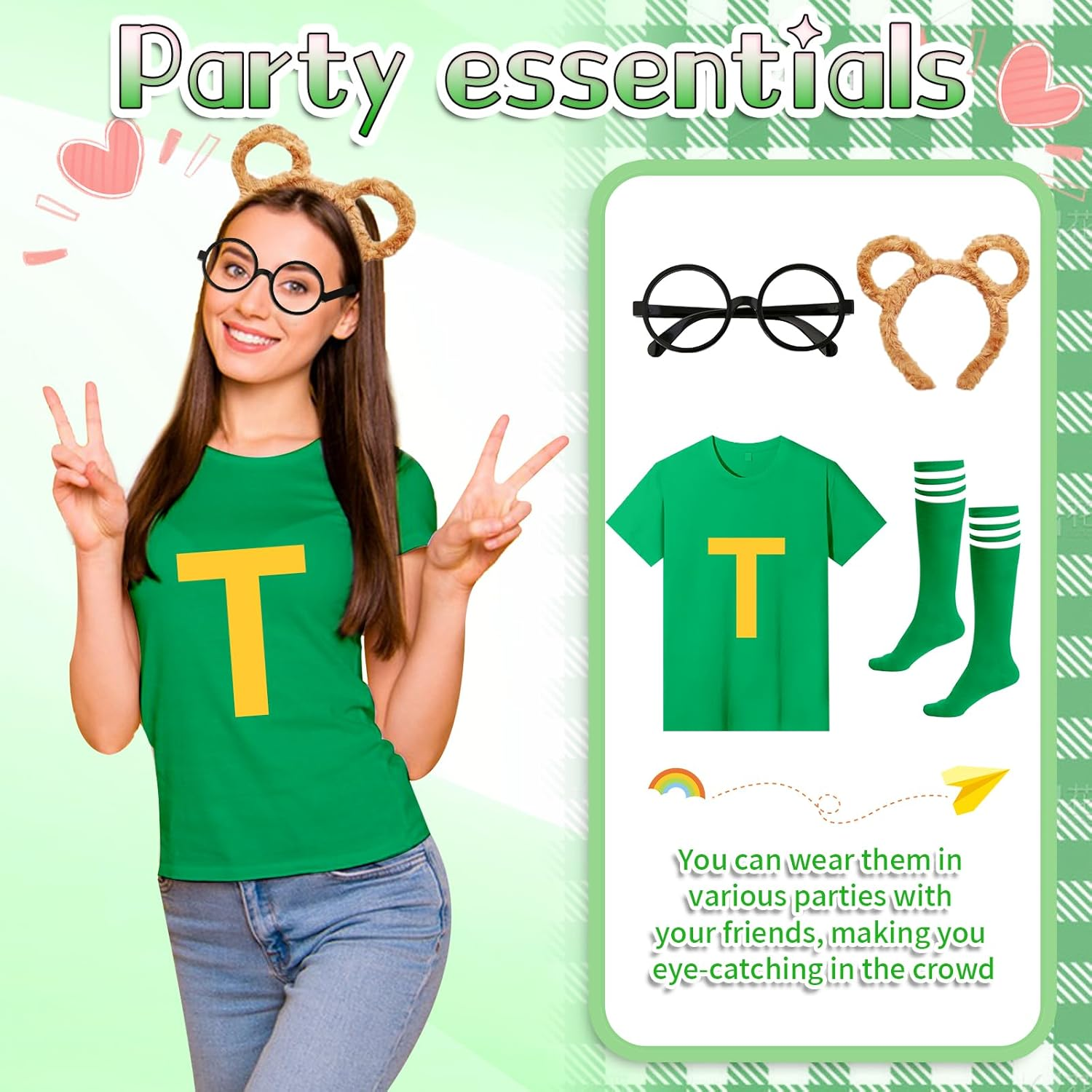 4Pcs Chipmunks Costumes Set with Chipmunk Headbands Glasses T-Shirt Soccer Socks, Chipmunks Fancy Dress Outfit Party Animal Cosplay for Adults Teens World Book Day Halloween Party Dress Up image number 3