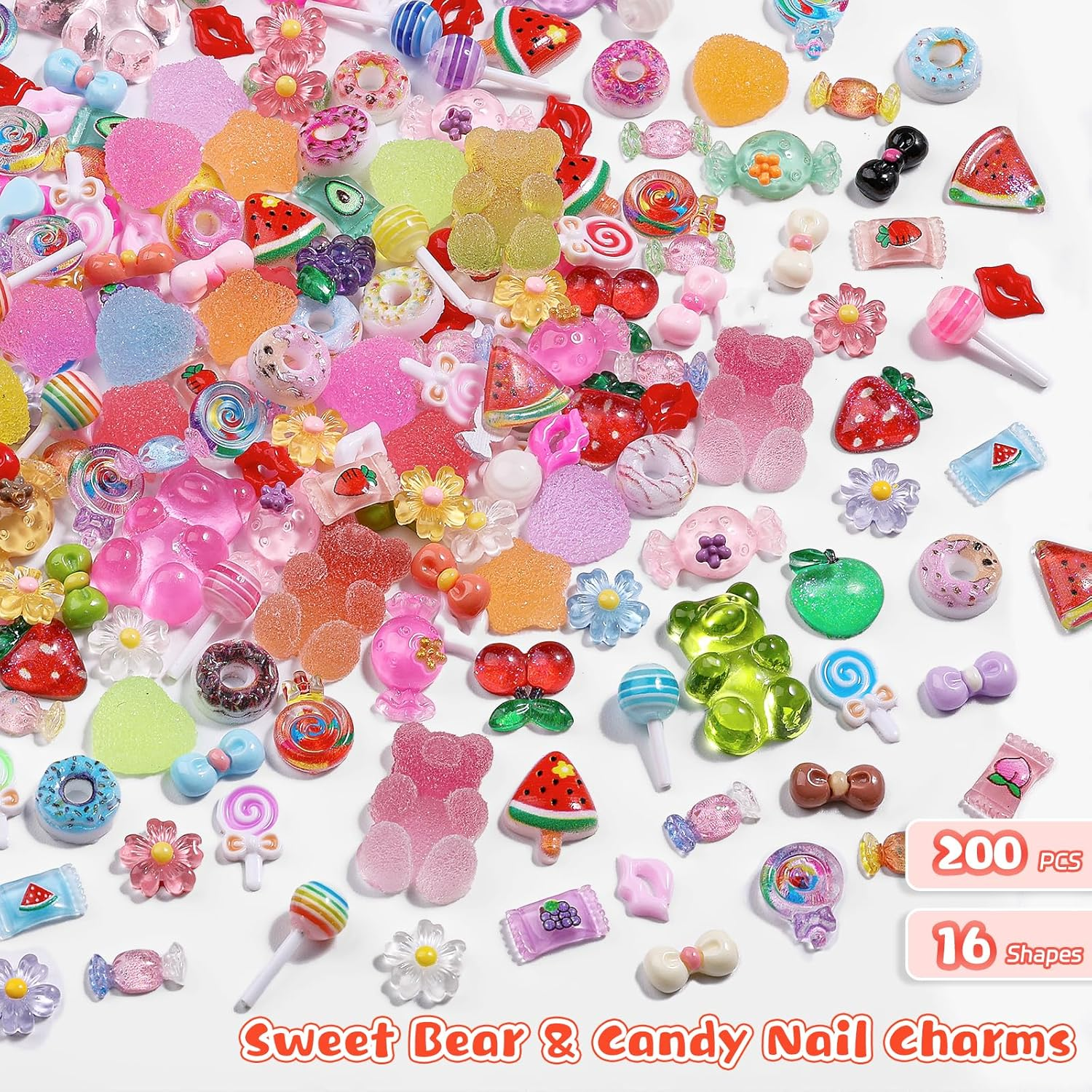 Kikonoke 200PCS Kawaii Nail Charms Kit, 3D Lip Candy Gummy Bear Resin Charms for Acrylic Nails, Sweet Nail Art Supplies with Tweezers for DIY Crafts, Slime & Shoe Decor image number 1