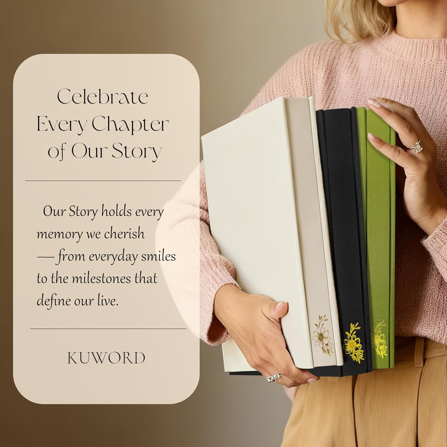 Photo Album 4X6 for 500 Pictures &ndash; Our Story Memory Book with Gold Wreath Cover &ndash; Family Scrapbook for Holiday, Party, Everyday Moments by Kuword, Olive image number 2