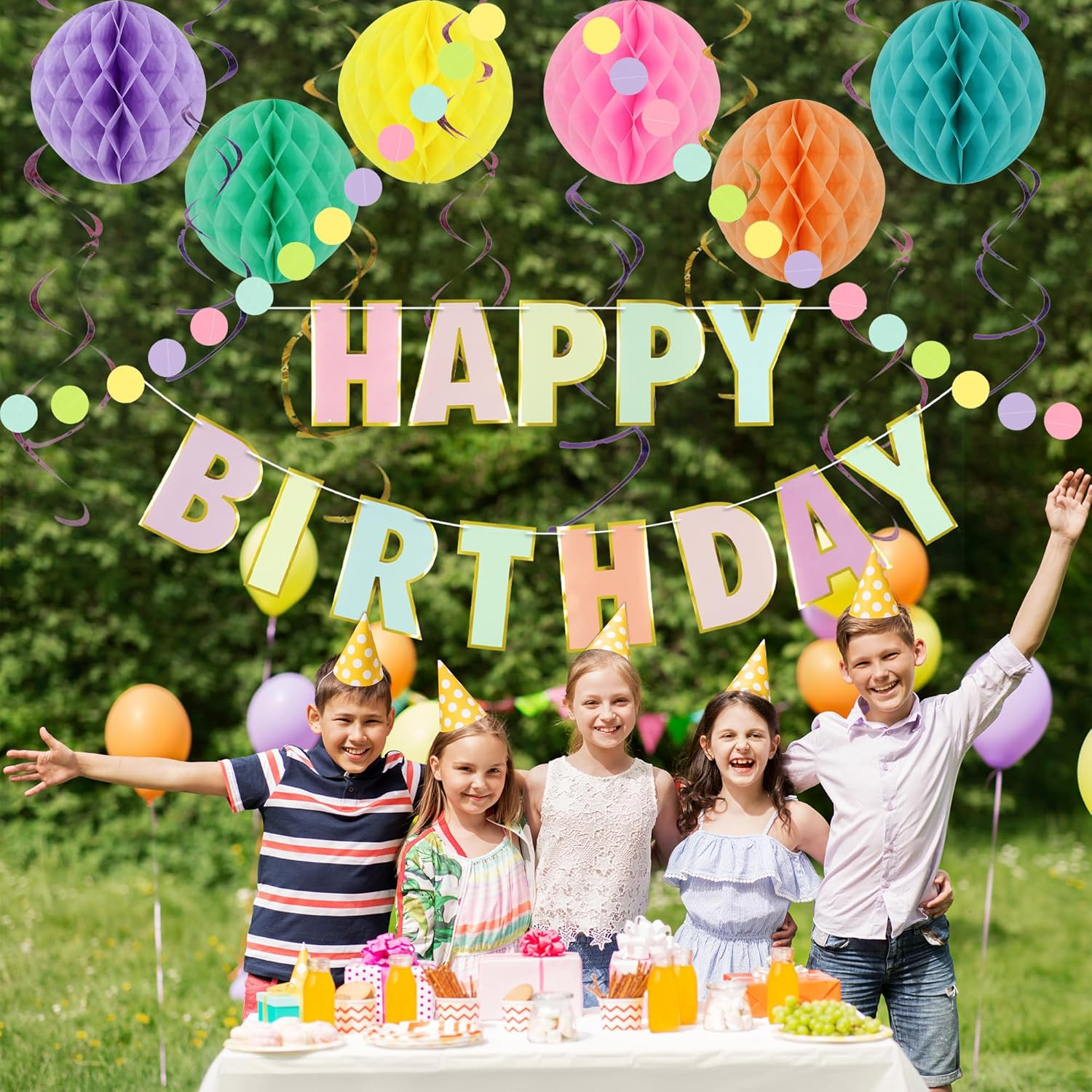 Pastel Birthday Party Decorations, 17 Pcs Macaron Birthday Decor with Birthday Sign, YITOBA Pre-Strung Happy Birthday Banner, Dot Garland, Hanging Streamer, Honeycomb Balls (Colorful) image number 6