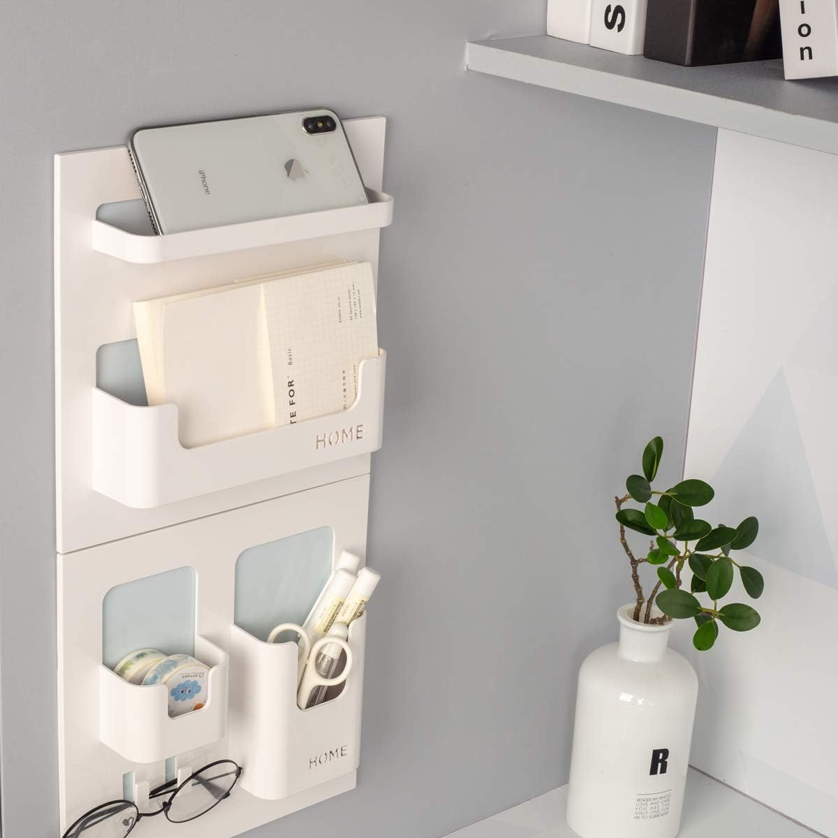 OKOMATCH Bedside Shelf - Stick on Wall Mounted Bed Room,Dorm,Office Adhesive Floating Accessories Caddy Organizer/Holder for Phone,Glasses,Remote Control,Keys,Pens - Plastic Material- White