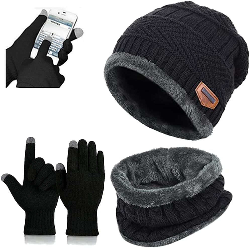 Aufondof 3 Pack Winter Knit Beanie Scarf Gloves Set for Men Thick Warm Sets Knitted Scarf Beanie Hat Touchscreen Gloves Neck Warmer with Fleece Lining image number 5