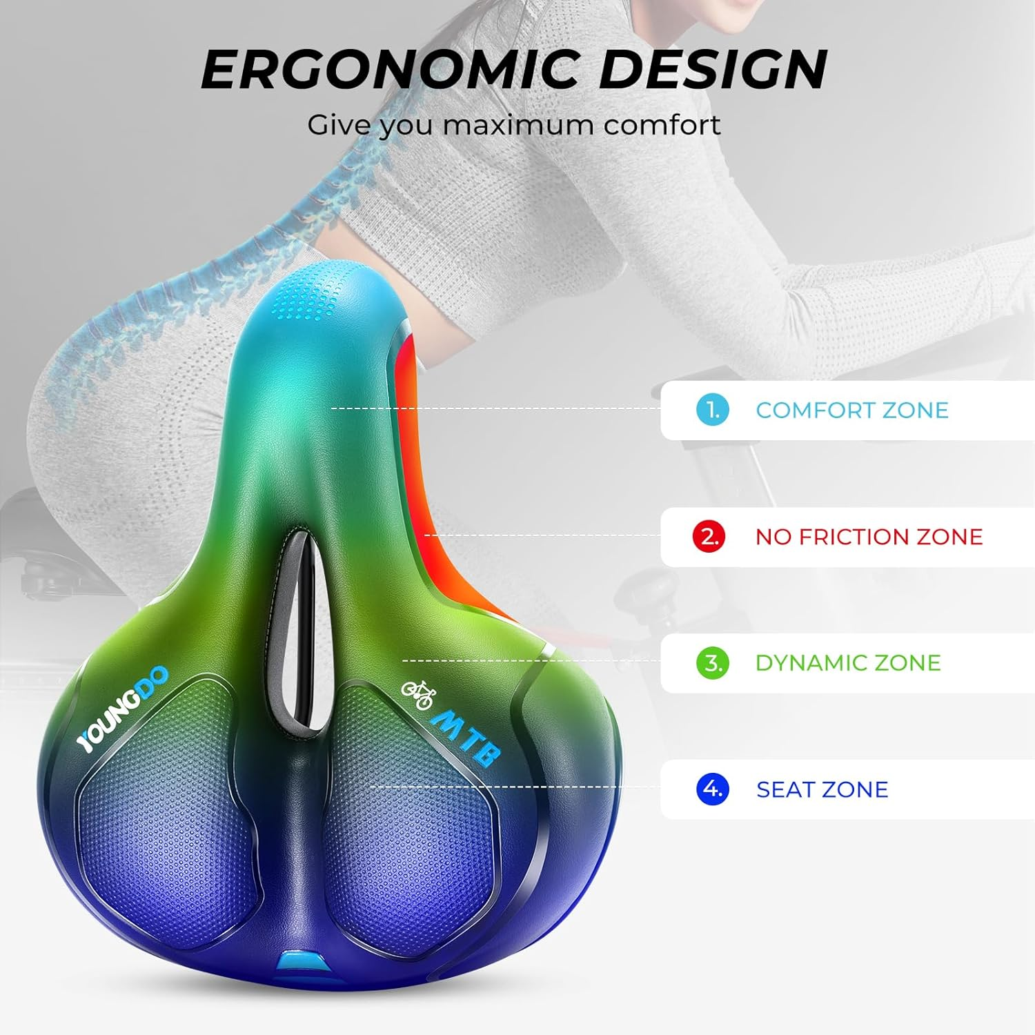 YOUNGDO Bike Seat - Comfortable Gel Foam Padded Leather Bicycle Seat, Wide Bike Saddle Cushion for Women and Men, Universal Fit, Shock Absorbing, Including Mounting Wrench, Allen Key, Waterproof Cover - Black / Red image number 6