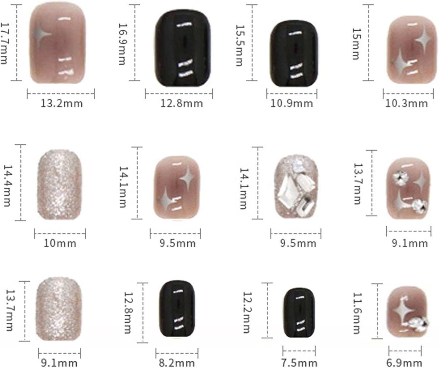 24 Pieces of Short Square Cat-Eye Nude False Nails, Cat-Eye Patch Nail Art, Nude Gradient Glitter， Short Almond-Shaped Acrylic (Black Square) image number 3