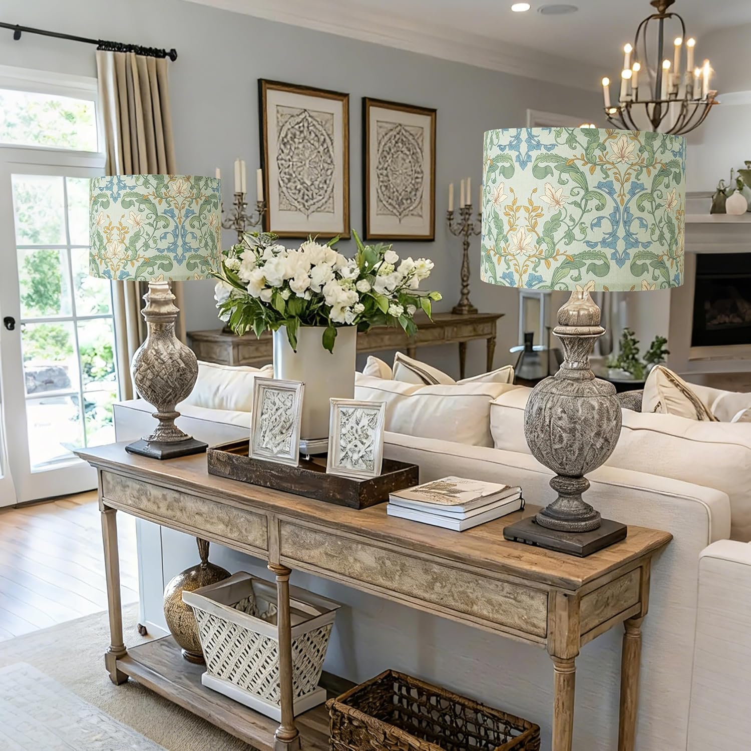 AELS Vintage Lamp Shades Set of 2, Green Botanical Fabric Drum Lampshades for Table or Floor Lamps, 13X13X10 Medium Size (Spider Fitter), Easy Assembly Required image number 5