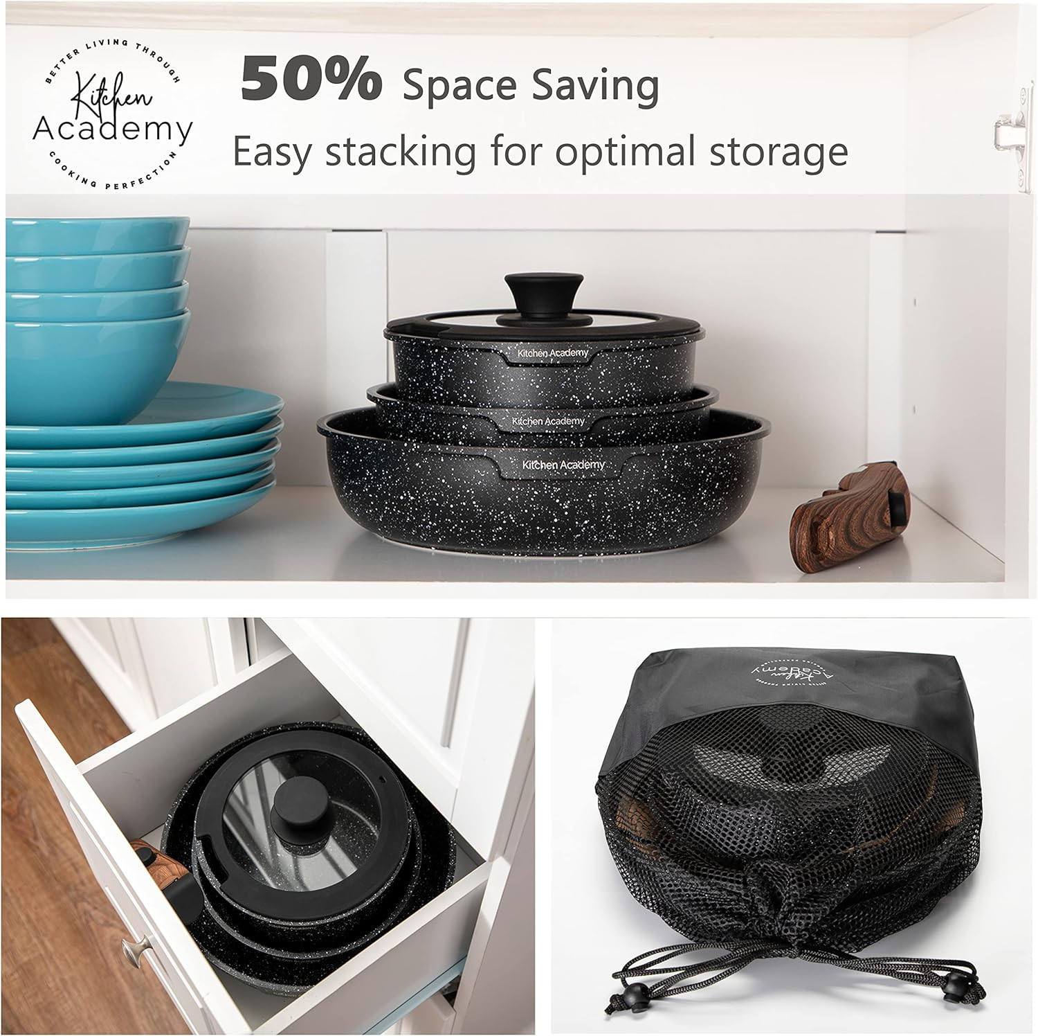 Kitchen Academy Detachable Handle Induction Cookware Sets - 10 Piece Non-Stick Cooking Pots and Pans, Black Granite Stackable RV Cookware for Camp image number 6