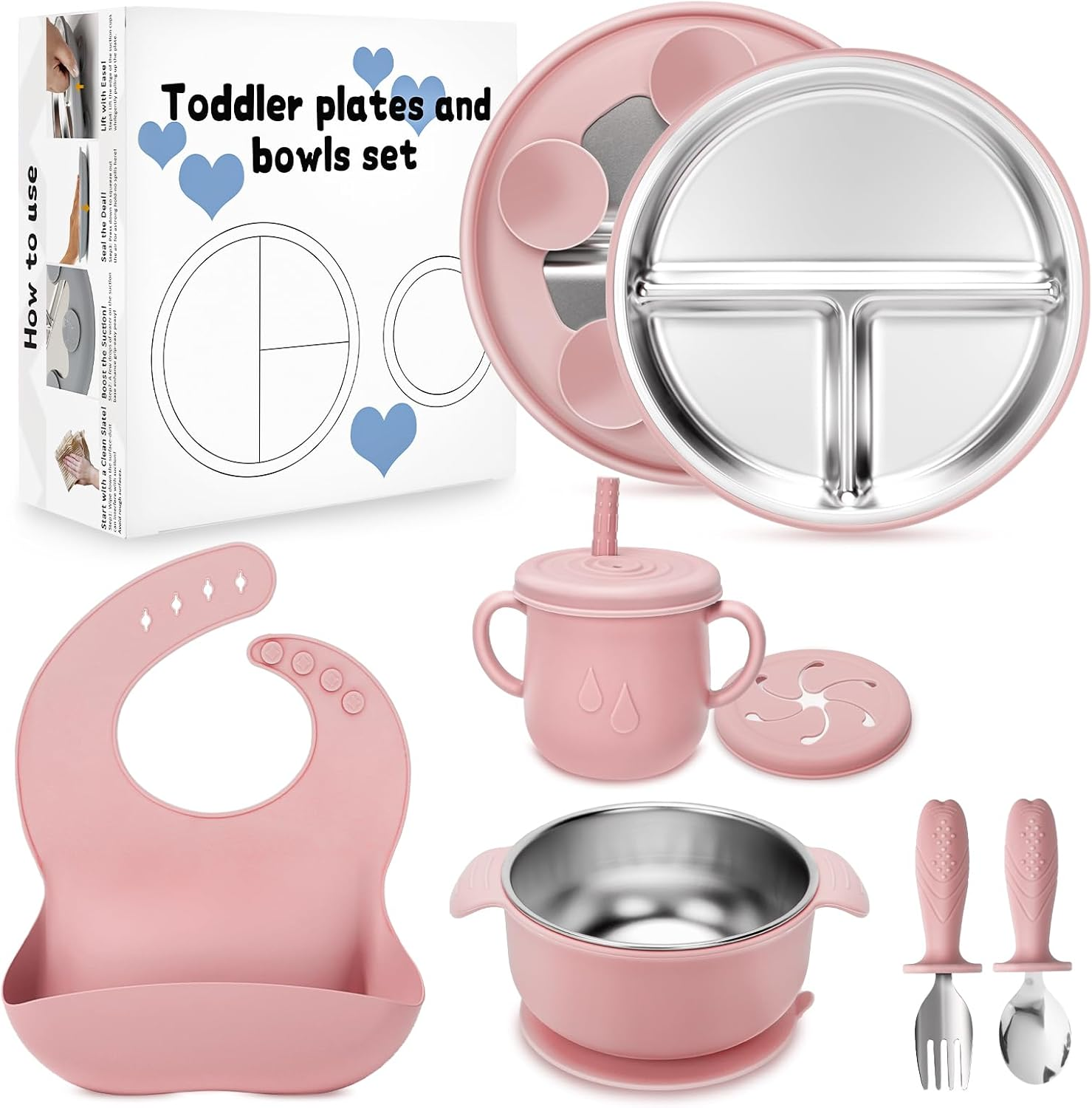 6-Piece Baby Stainless Steel Feeding Set - Bowl, Plate, Cup, Spoon, Fork & Bib | 100% Food-Grade 304 Steel with Removable Silicone Sleeves | Dishwasher-Safe Toddler Tableware (Blue)