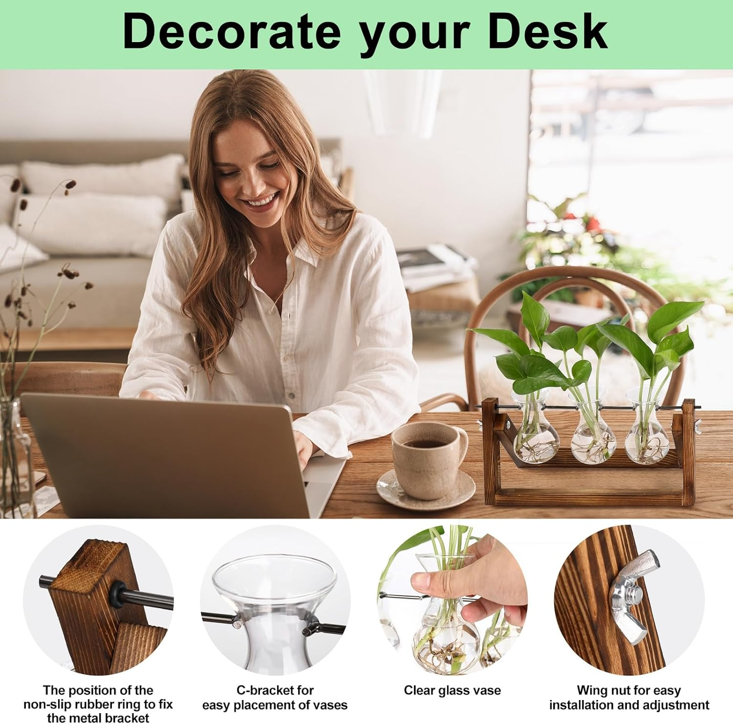 YIBOT Propagation Stations,Plant Terrarium with Retro Wooden Stand,Unique Gardening Birthday Gifts for Women Plant Lovers,Hydroponics Plants Home Office Garden Decor-3 Bulb Glass Vases image number 5