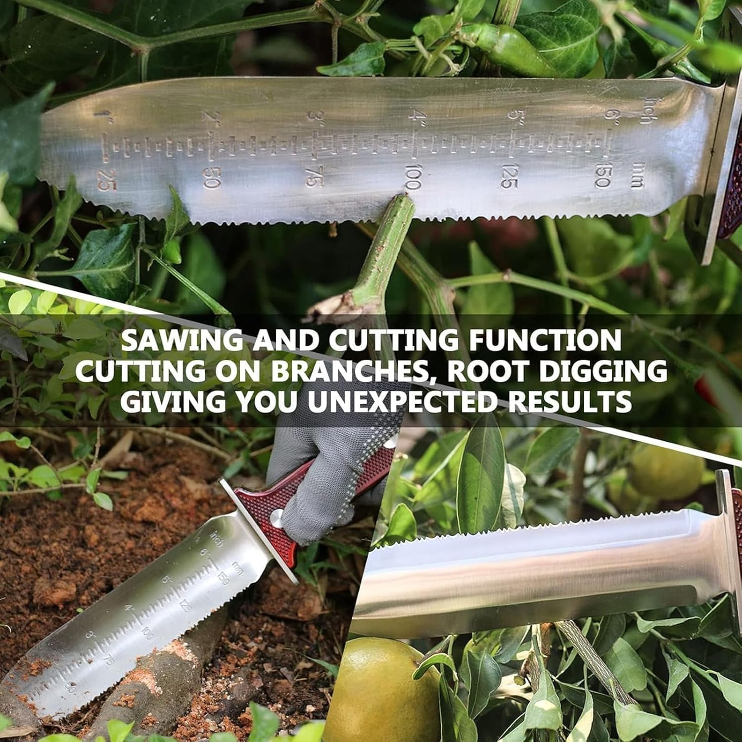 Hori Hori Garden Knife, Gardening Knife with PU Leather Sheath, Rosewood Handle, High Polished 440 Stainless Steel Blade, Sharpening Stone Included, for Weeding, Digging, Pruning, and Cultivating image number 6