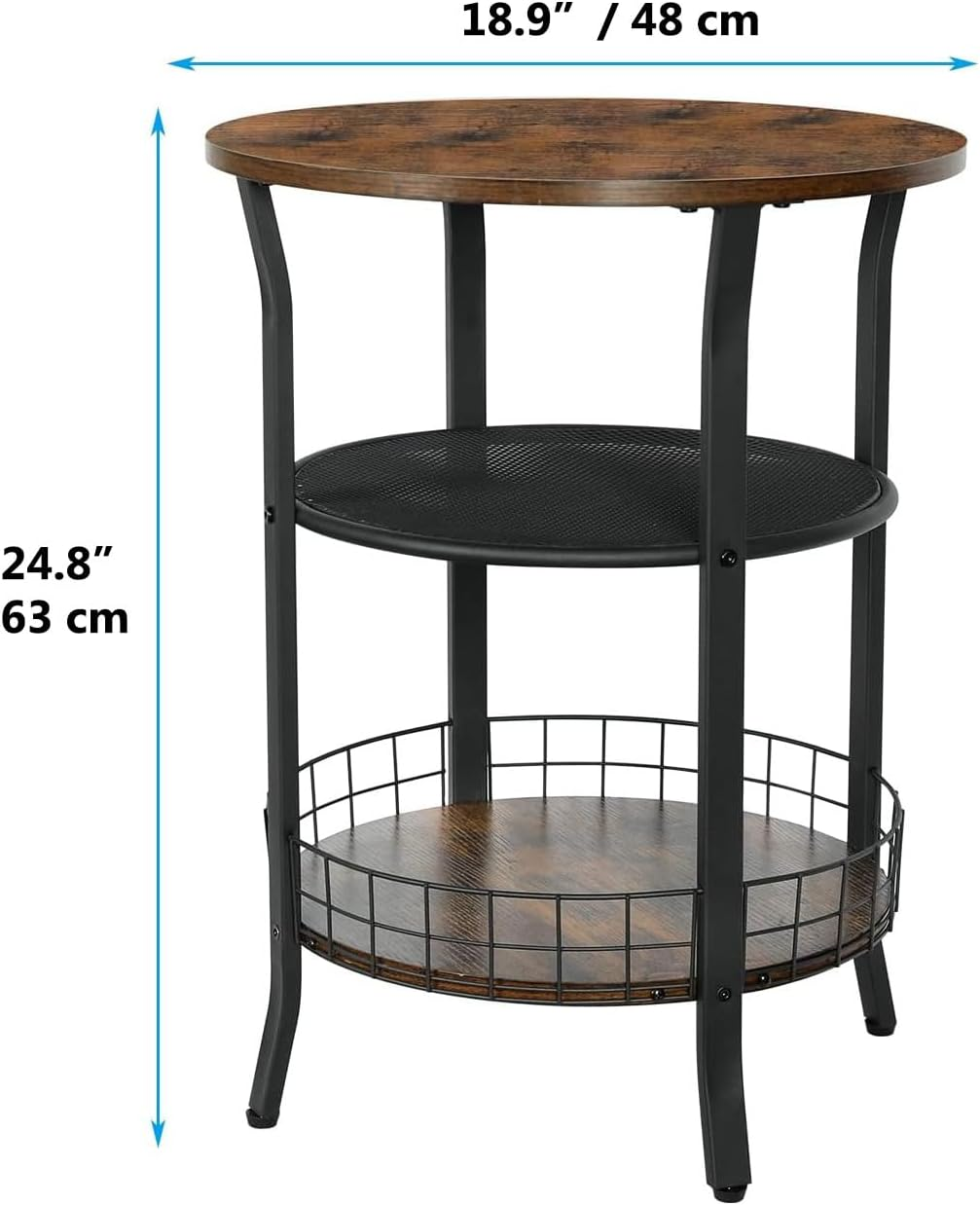 Round Side Table &ndash; Industrial Style Wooden & Metal Side Table with Storage Shelf, Rustic Brown, for Living Room, Bedroom, Office & Kitchen image number 2