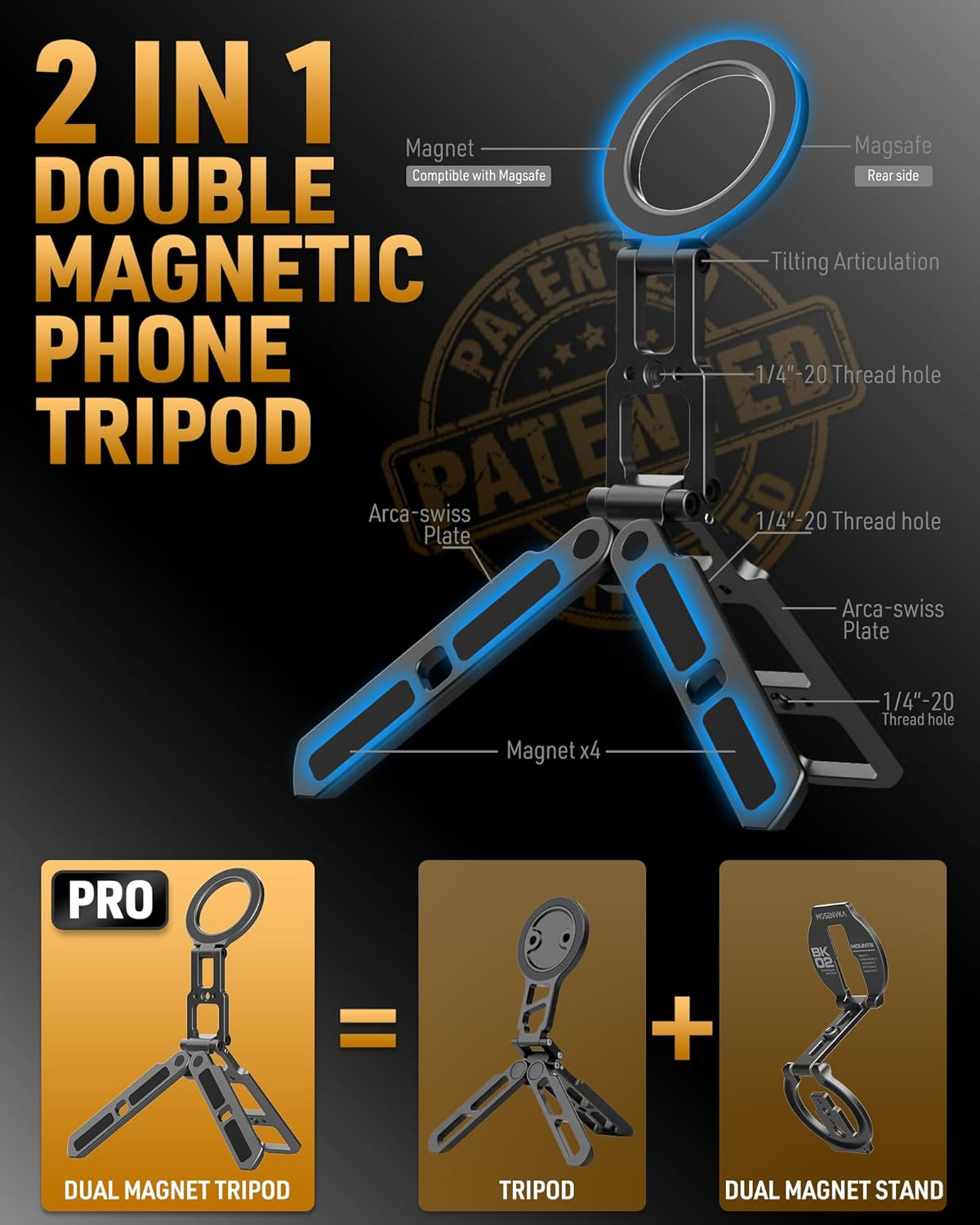 MOSENVKA Dual Magnetic Phone Tripod Foldable Double Magnet Mount Pocket Cell Phone Stand for Iphone 16/15/14/13/12 plus Max for Ipad Travel Gym Magnetic Tripod [US Patent Registered] image number 5