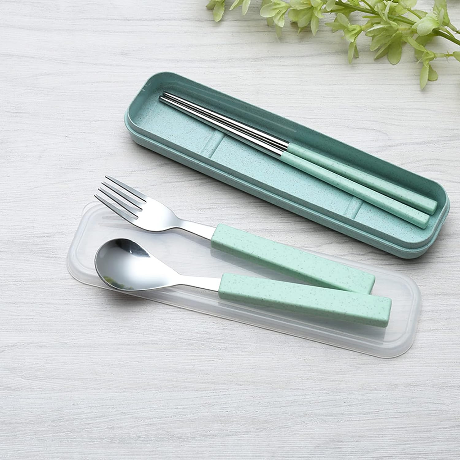 VANRA 3-Piece Children Utensils Set 18/8 Stainless Steel Child Flatware Set Silverware Spoon Fork Chopstick Set with Travel Case for Kids Lunch Box (Green) image number 6